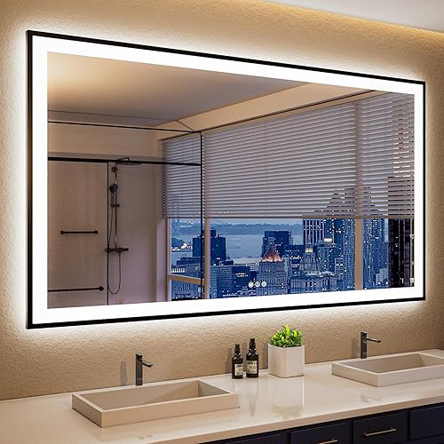 ISKM Espejo LED enmarcado de 60 x 36 pulgadas para baño, retroiluminado grande y frontal ajustable, espejo antivaho para pared con luces, vidrio