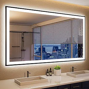 ISKM Framed LED Mirror for Bathroom 60"x36", Dimmable LED Bathroom Mirror with Lights, Anti-Fog, Front and Backlit Lighted Mirror 3-Colors, Shatterproof, Memory Function