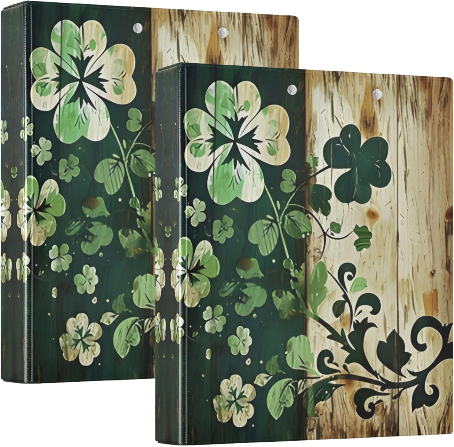 St. Patrick's Day Retro Clover 3 Ring Binders, 1.5” Round Ring Binders with Clipboard - Letter Size, 3 Interior PVC Clear Pockets & Anti-Slip Clip for Office School Supplies, 2PCS