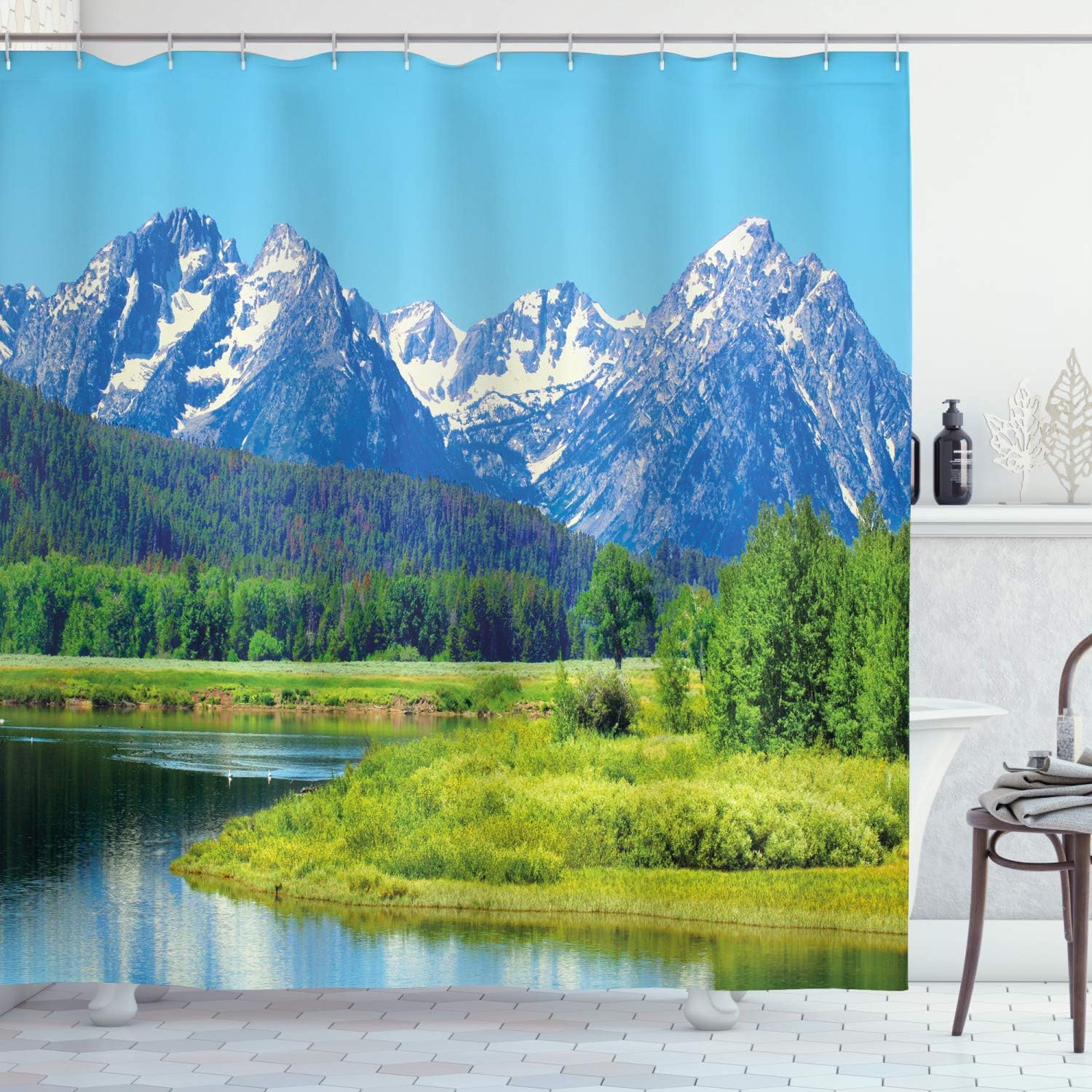 Ambesonne Landscape Shower Curtain, Grand Teton National Park Snowy Peak Mountains Nature Scene Picture, Cloth Fabric Bathroom Decor Set with Hooks, 69" W x 84" L, Yellow Green Multicolor