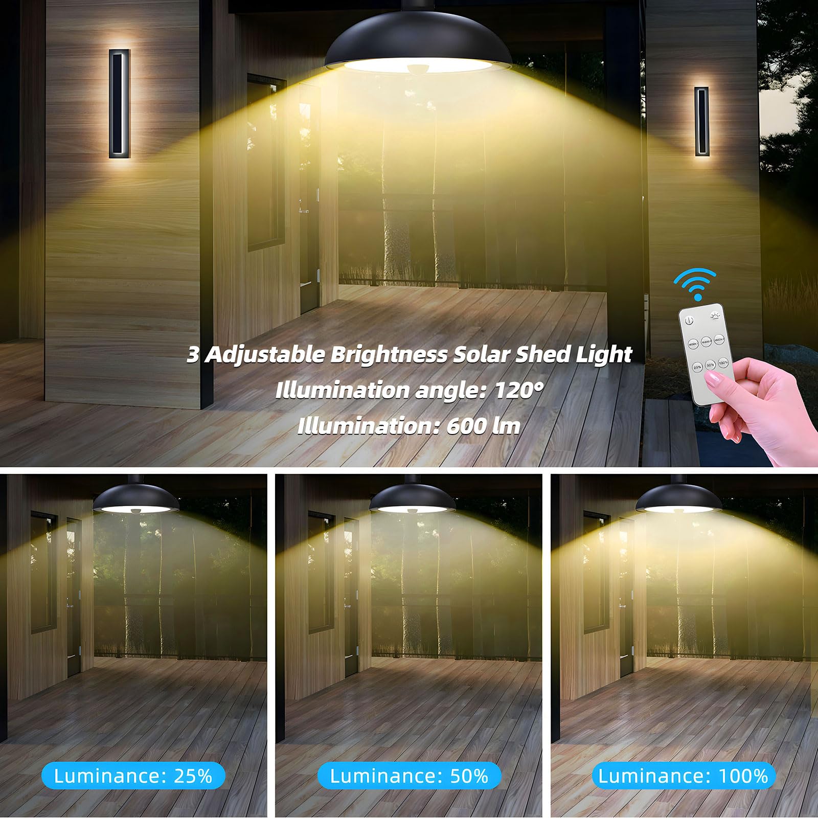 Joollurm Solar Shed Lights, 78LED Solar Pendant Light Dimmable/Daytime On Mode with Remote Control, Waterproof - Image 2