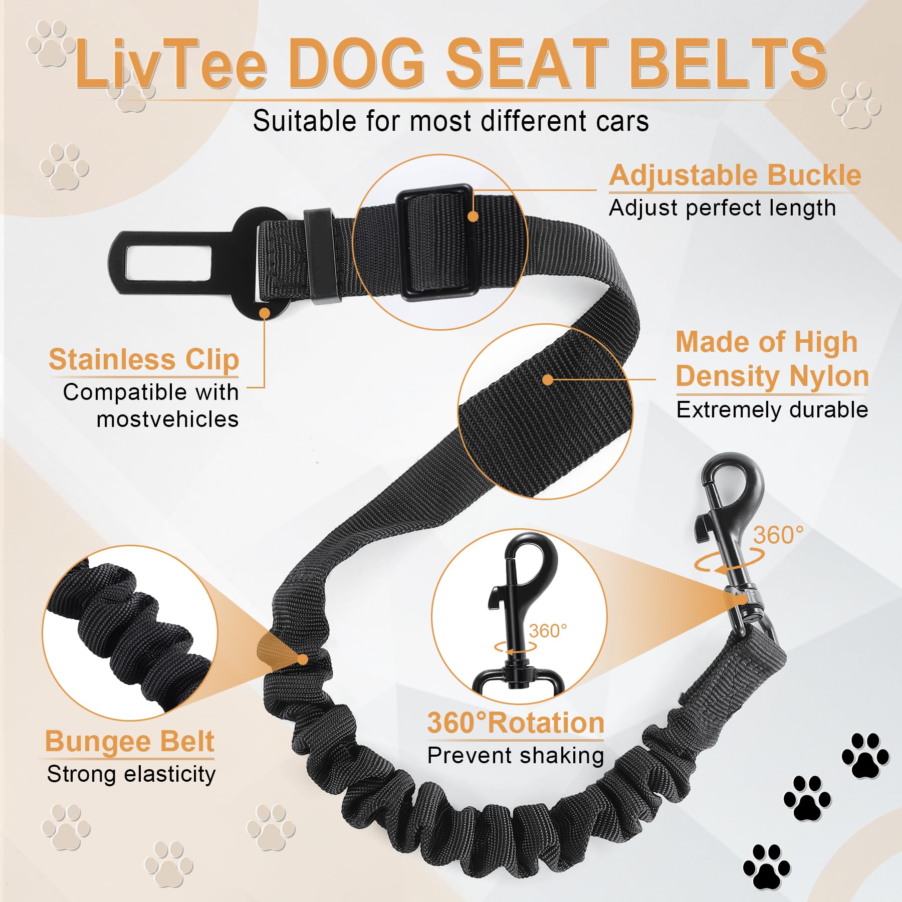 LivTee Hundesicherheitsgurt für Auto, 2 Packungen, einziehbares Hundegeschirr, verstellbar und bequem, Auto-Sicherheitsgurt-Leine, elastisches Nylon, Haustier-Sicherheitsgurte für Fahrzeuge,