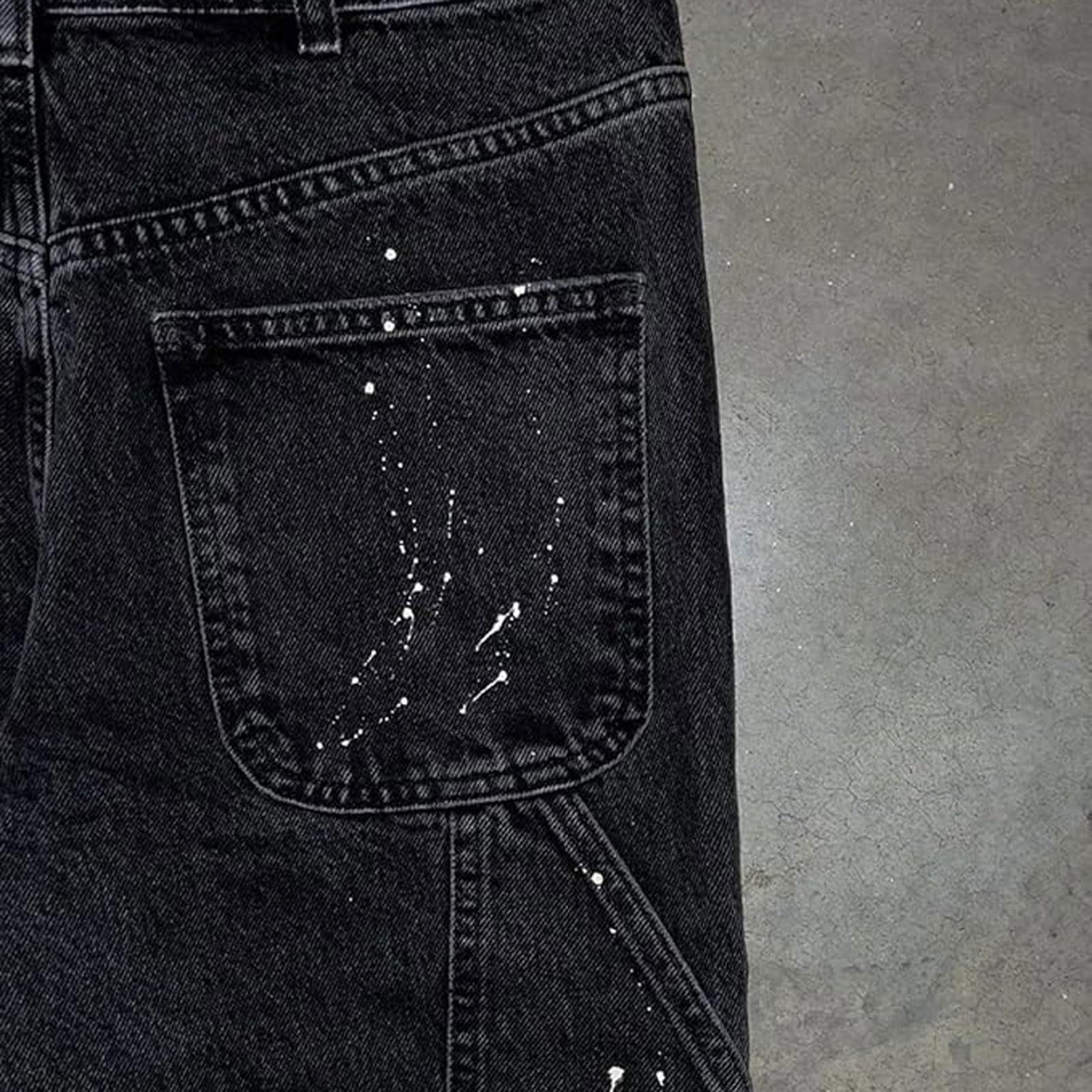 Flared Jeans Uomo, Pantaloni in Denim Streetwear Y2K con Disegno a Spruzzo d'inchiostro, Patchwork e Tasche, Pantaloni per Il Tempo Libero Bootcut Baggy in Stile Cowboy Hip Hop(Grey,M)