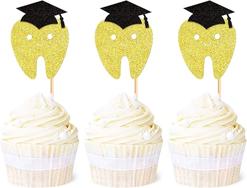 Ercadio Paquete de 24 adornos para magdalenas con purpurina dorada, para dentistas y magdalenas, felicitaciones, dentistas, cupcakes, 2023, para