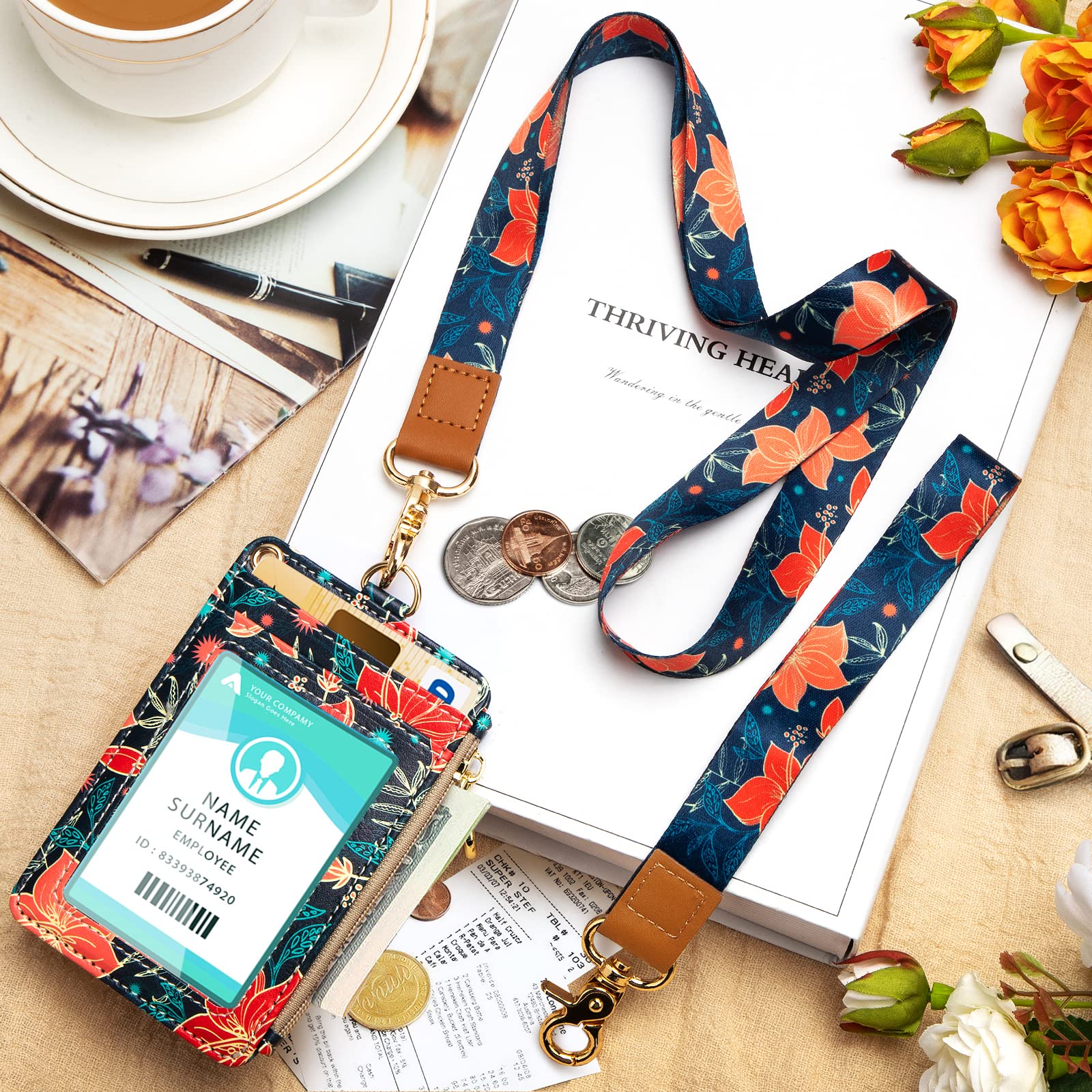Badge Holder Neck Strap PU Leather Badge Holder with Zipper Pocket for ID Card Student Card, Bus Card (Red Flower) - Image 2