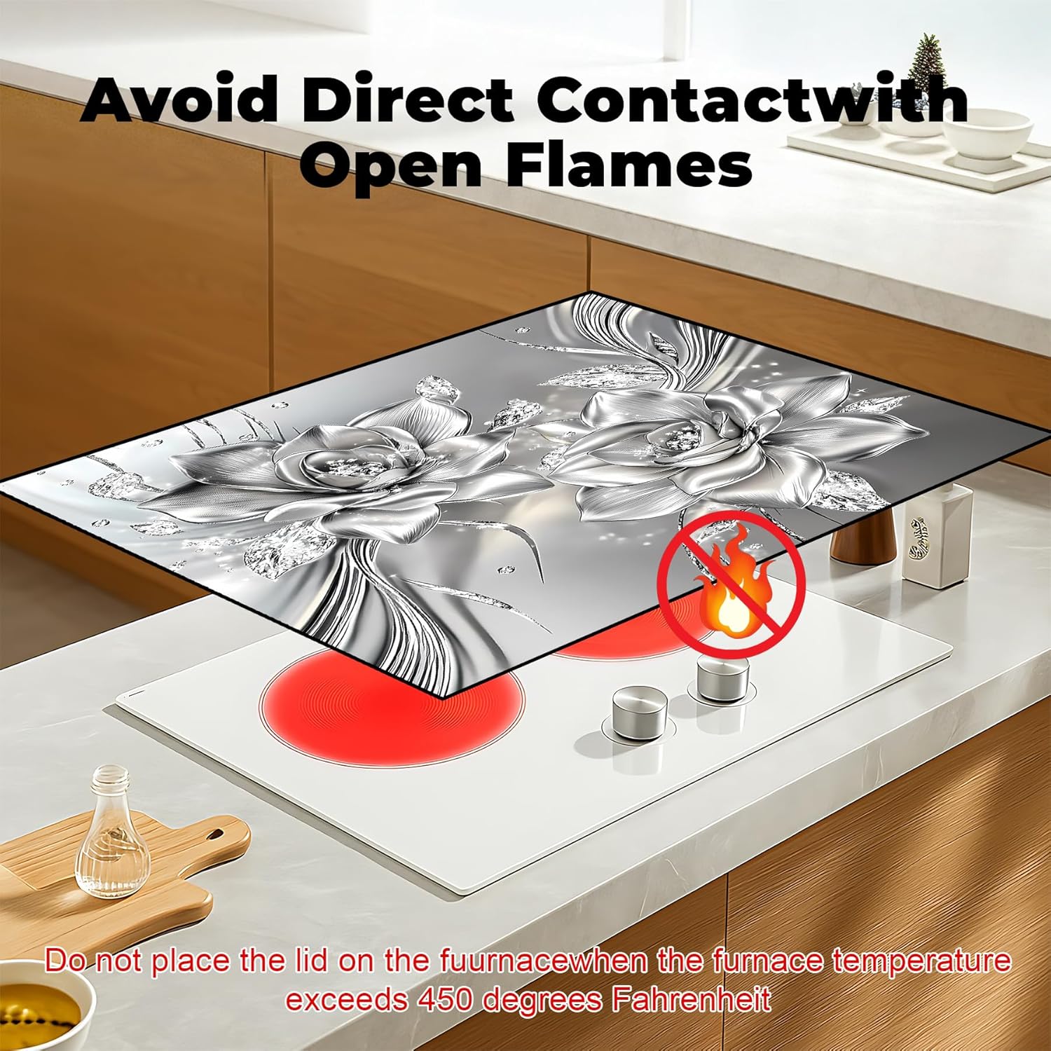 Heat-Resistant Glass Stove Top Cover with Anti-Slip Rubber Coating – Electric Stove Protector, Scratch-Resistant, Counter Space Decor Mat (Rose, 28.5"L x 20.5"W)