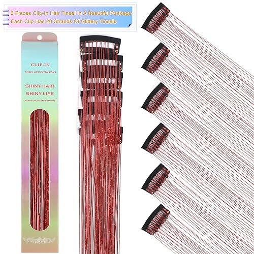 Miniatura 4 de Extensiones de cabello con purpurina de 23.6 pulgadas con 6 clips de color rosa brillante para niñas, mujeres, niños, oropel resistente al calor