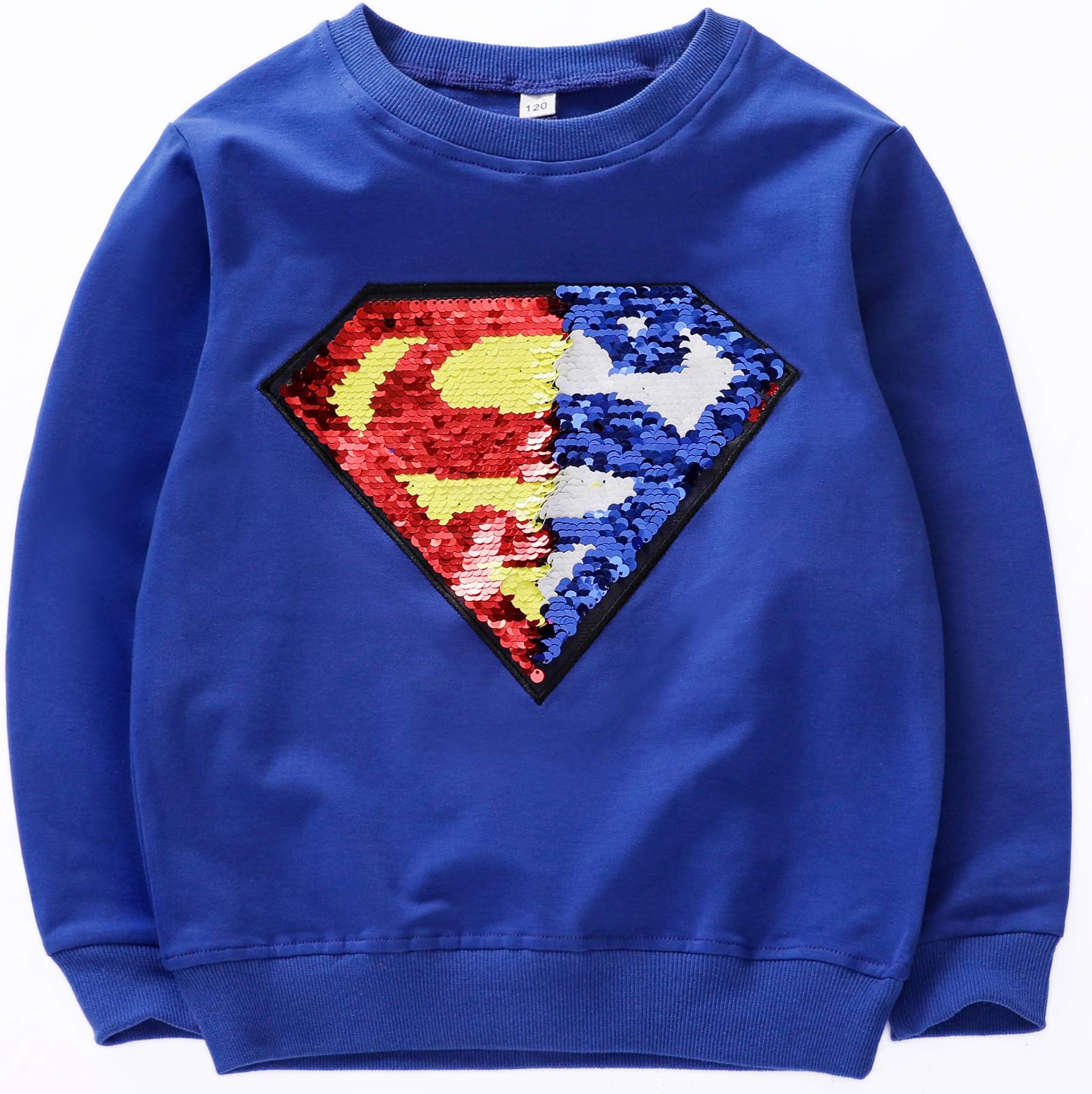 Boys Girls Kids Superhero Flip Sequins Color Fashion Long Sleeve Sweatshirt Cotton (3-8 Years Old)