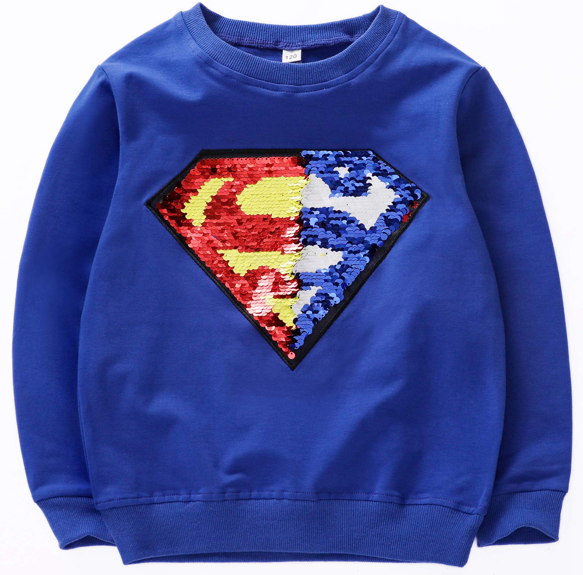Boys Girls Kids Superhero Flip Sequins Color Fashion Long Sleeve Sweatshirt Cotton (3-8 Years Old)