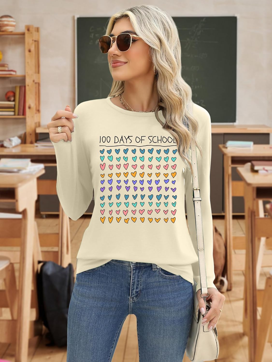 NEWWEN 100 Days of School Shirt for Women Teacher Graphic Long Sleeve T-Shirts School Days Tee Tops - Image 5