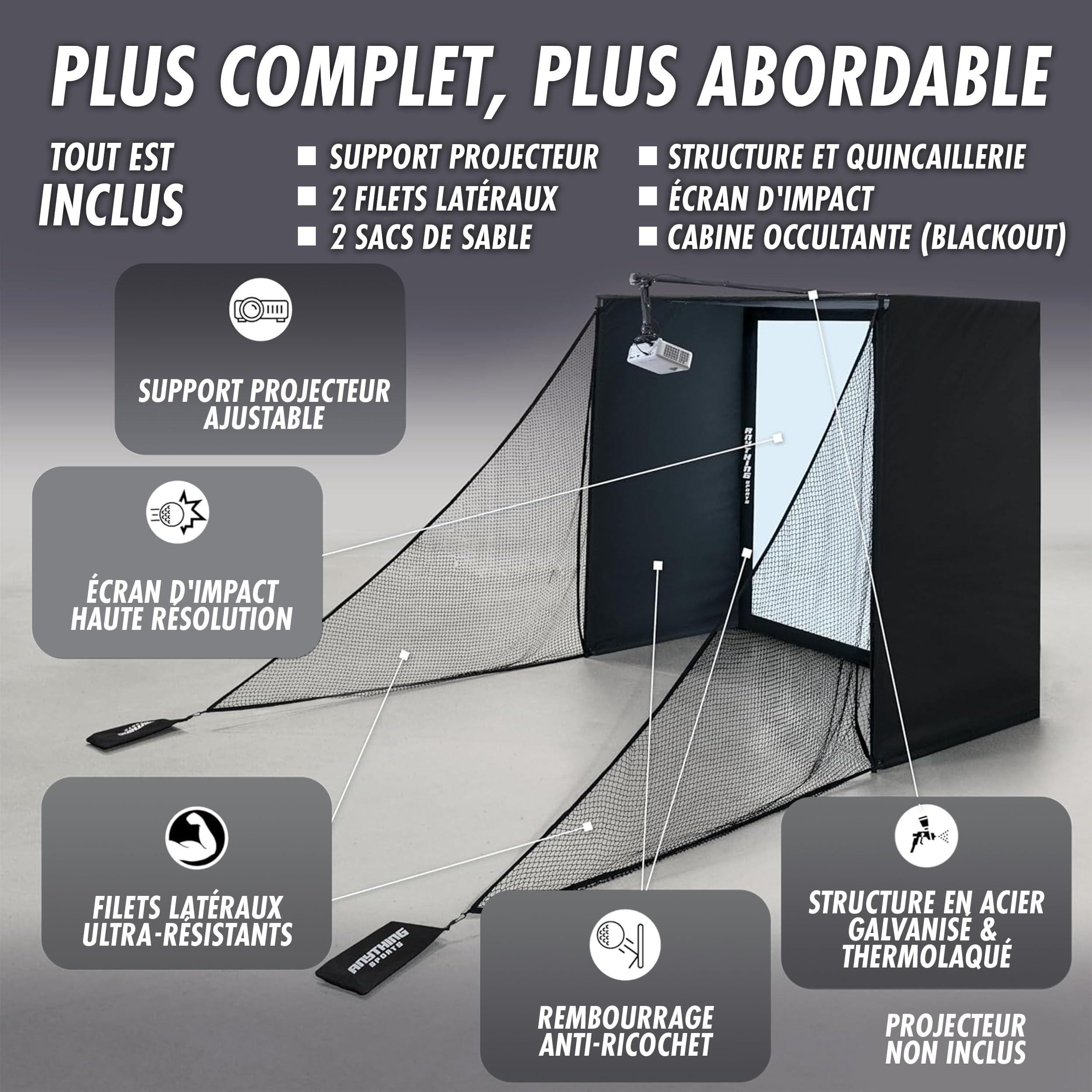 Anything Sports - Boîtier De Simulateur De Golf avec ÉCran D'impact 4k Et Filet De Protection - Cage D'entraînement Intérieure Complète - Structure en Métal