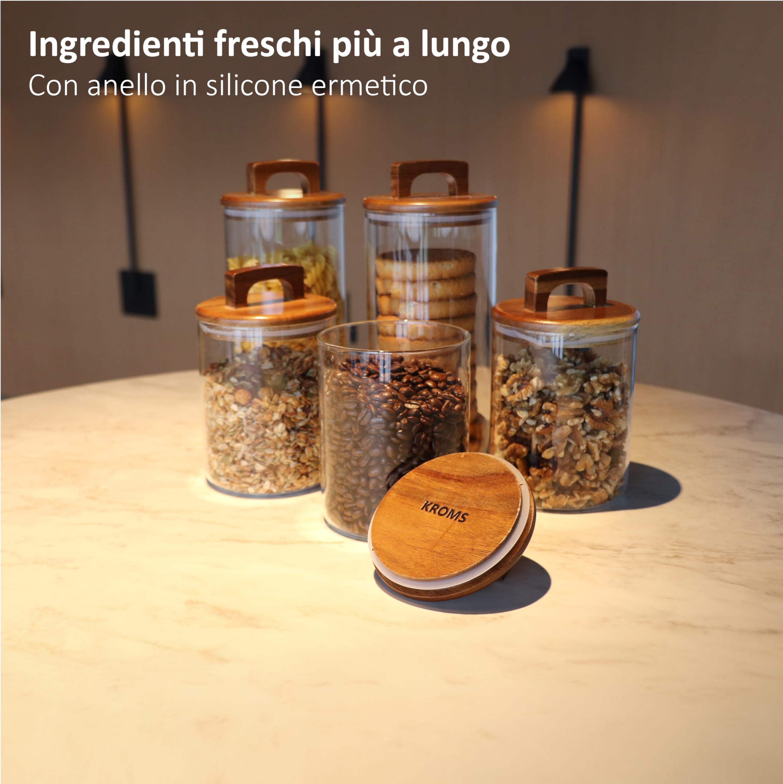 Barattoli vetro con coperchio in acacia – Set da 4 contenitori ermetici per alimenti 1000 ml & 1600 ml – Barattoli cucina per pasta, caffè, riso e dispensa cucina