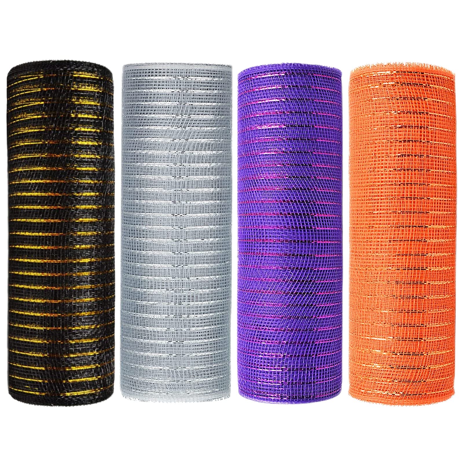 4 Rolls 10 Inchx10 Yards Halloween Ribbon for Wreath Making,Deco Poly Mesh Ribbons Coffee Green Purple Orange Metallic Foil Decor Mesh Rolls for Halloween Party Decorations,DIY,Crafts,Swag,Bow,Garland