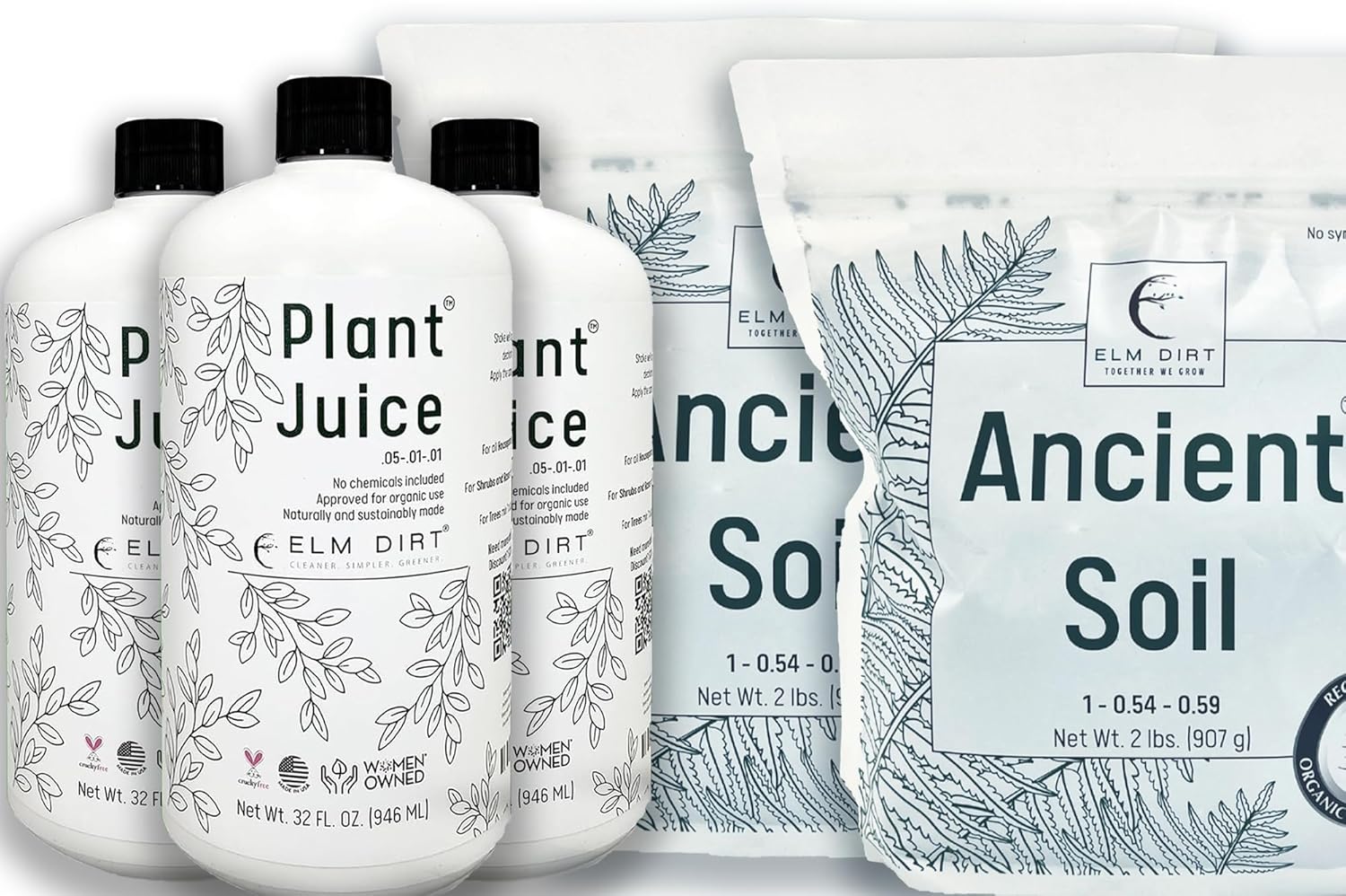 Elm Dirt Plant Juice (3 Bottles) & Ancient Soil (4 lbs) Bundle - Organic Fertilizer for All Purpose Plants | Plant Food Outdoor & Indoor Plant Soil - Help Plant Nutrients & Boost Soil Activity 5 Pack
