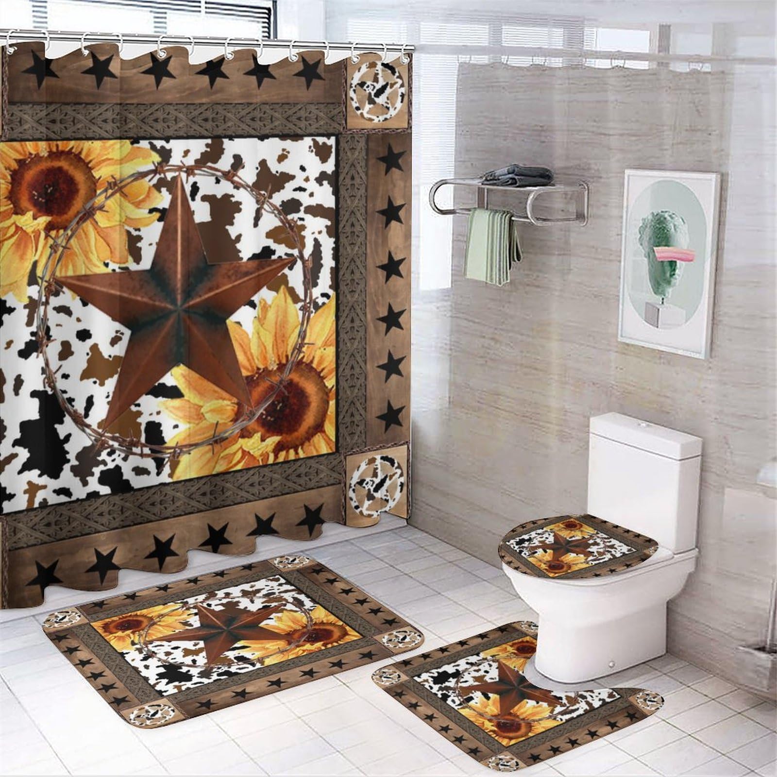 Rustic Cow Skin Print 4 Piece Shower Curtain Sets,Vintage Western Cowboy Wooden Board Texas Star Sunflowers Non-Slip Rugs,Toilet Lid Cover and Bath