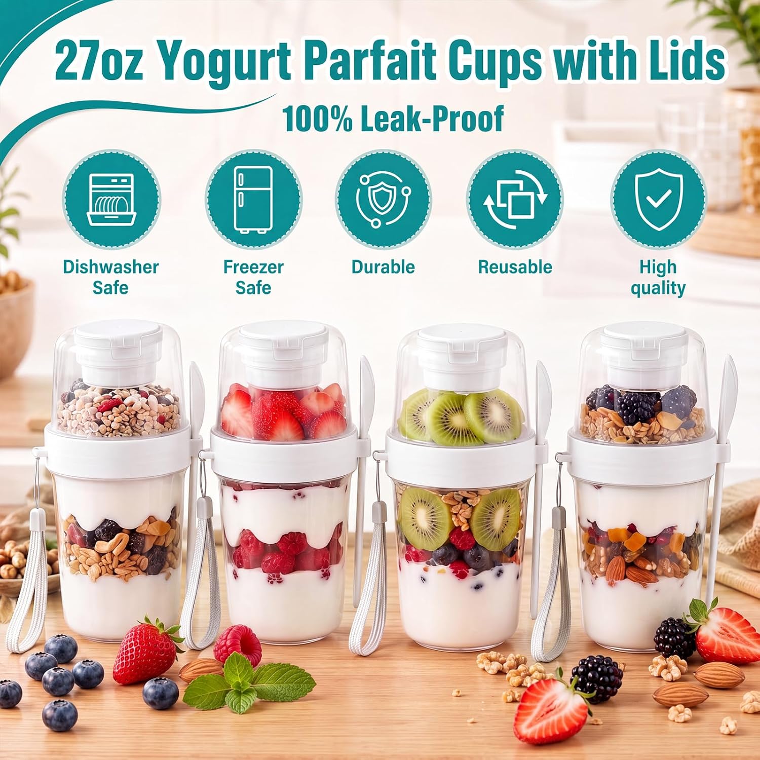 Zhehao 6 Pack 27oz Yogurt Parfait Cups with Lids, Plastic,White
