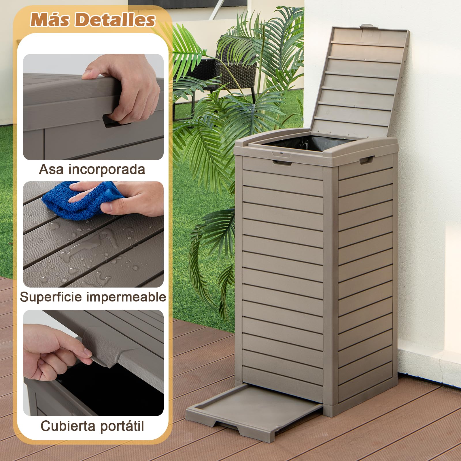 COSTWAY Cubo de Basura para Exterior, 118L Contenedor de Basura con Tapa y Bandeja líquida Extraíble, Bote de Basura de Resina, Contenedor Impermeable de Doble Tapa, 40 x 40 x 86 cm (Marrón, 2 Piezas)