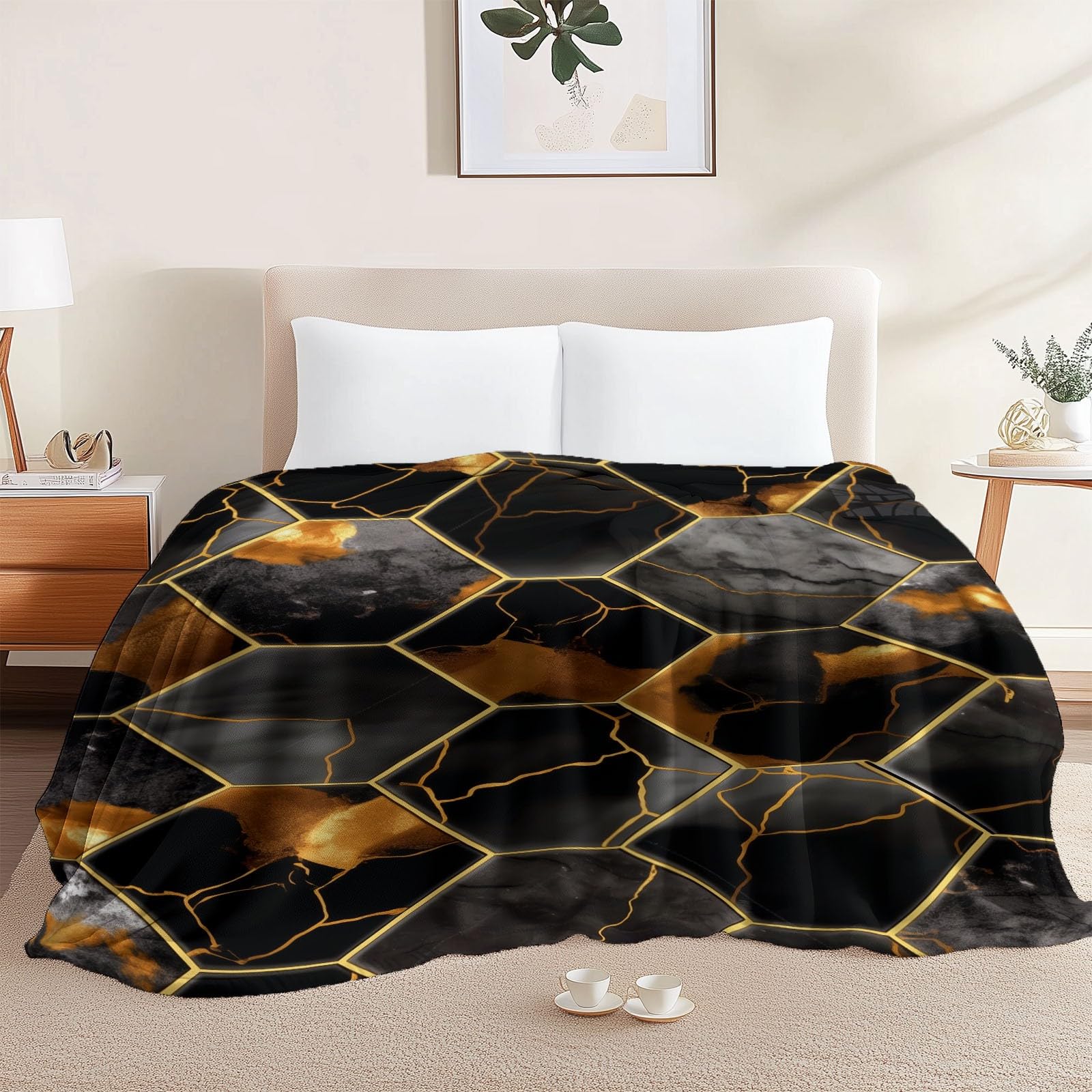 Coperta in pile 200 x 220 cm Eleganti Esagoni Di Lusso, Coperta in pile Nero in flanella per 2 persone, stampati, morbidi e caldi per divano letto