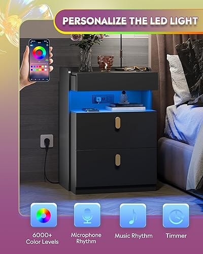 Miniatura 2 de WLIVE Mesita de noche negra con estación de carga y luces LED, mesita de noche con parte superior deslizante, moderna mesita de noche con 2 cajones,