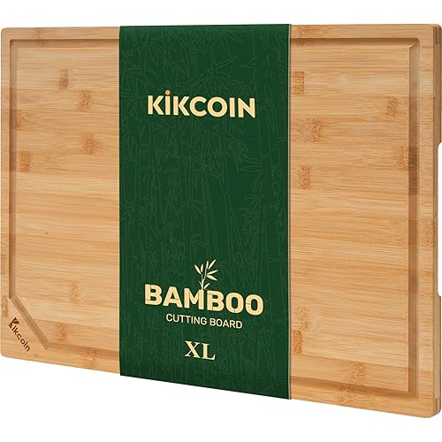 Bamboo Cutting Boards for Kitchen, Extra Large Wood Cutting Board with Deep Juice Groove and Handle Heavy Duty Chopping board, Kikcoin, 17.6" x 12"