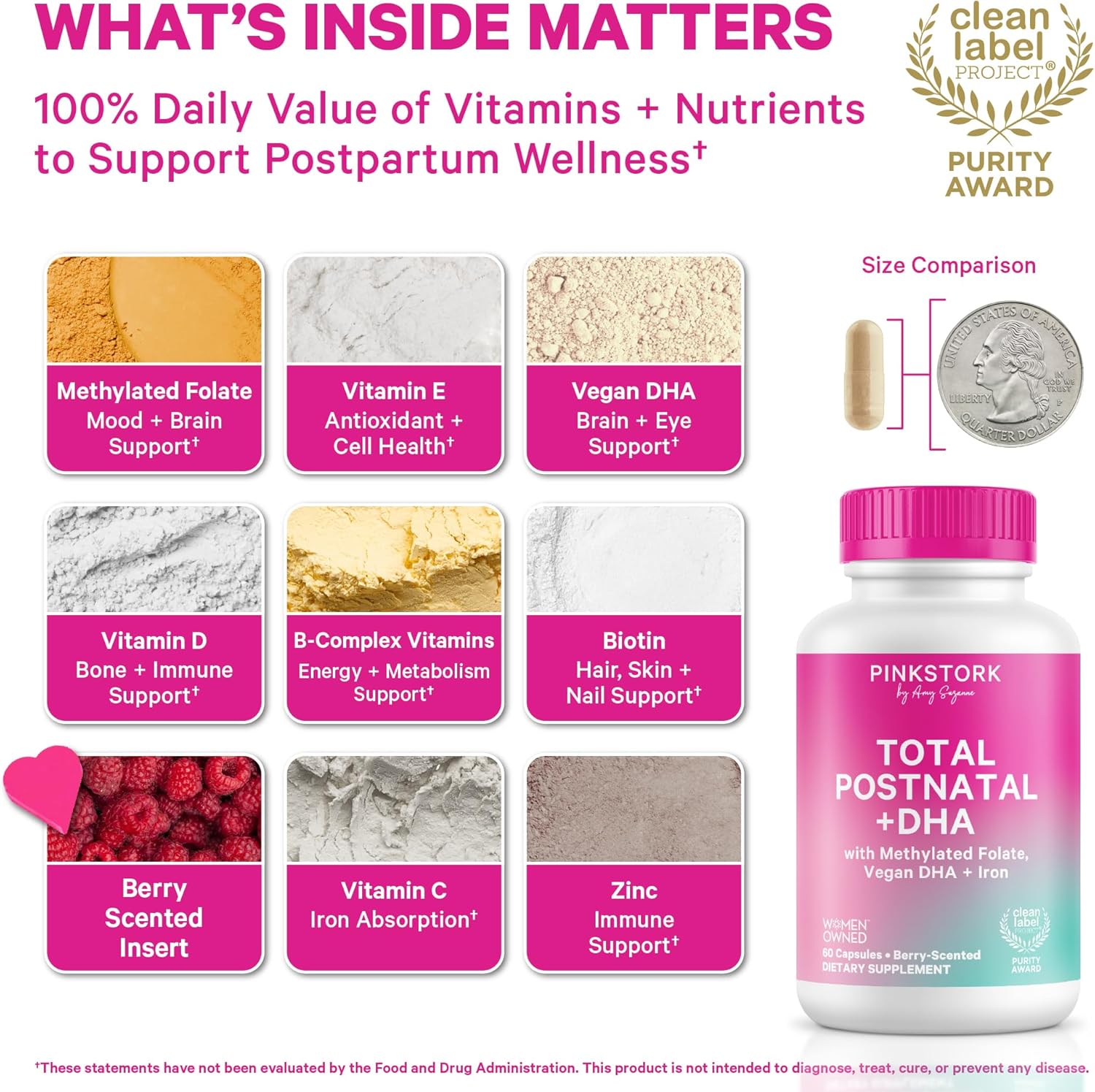 Pink Stork Total Postnatal Vitamins for Women | Vegan DHA, Iron, Folate, B12 | Postpartum Recovery Essentials | Lactation Support for Breastfeeding Moms | Third-Party Tested - 60 Capsules, Berry - Image 2