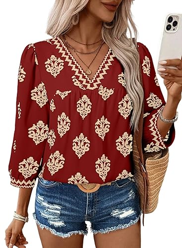 SHEWIN Women's Casual V Neck Floral Print Chiffon Blouses 3/4