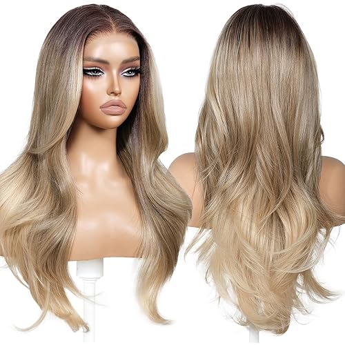 ENCOUNTERU 13x6 HD Lace Frontal Synthetic Blonde Wig with Bangs Pre Cut Lace Glueless Ombre Wigs for Women Layered Body Wave Pre Plucked Vivid Self Growing Hairline 23 Inch