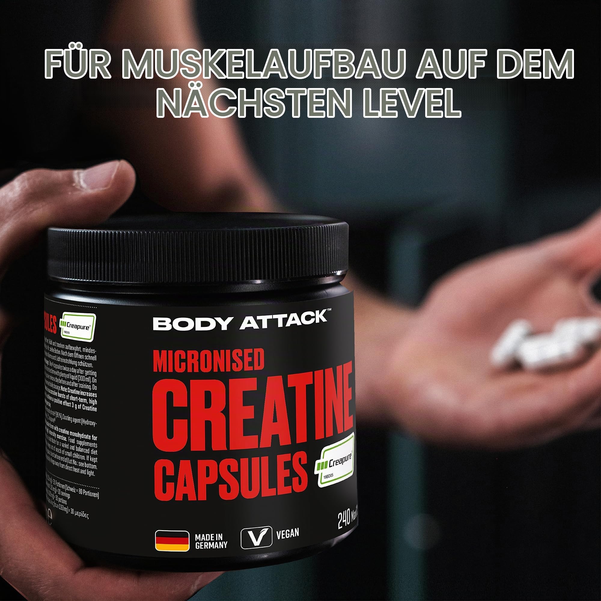 Body Attack Micronised Creatine Kapseln (Creapure®) 240 Caps - hochwertiges Kreatin 100% Made in Germany - hochdosiert für Fitness & Kraftsport, vegan