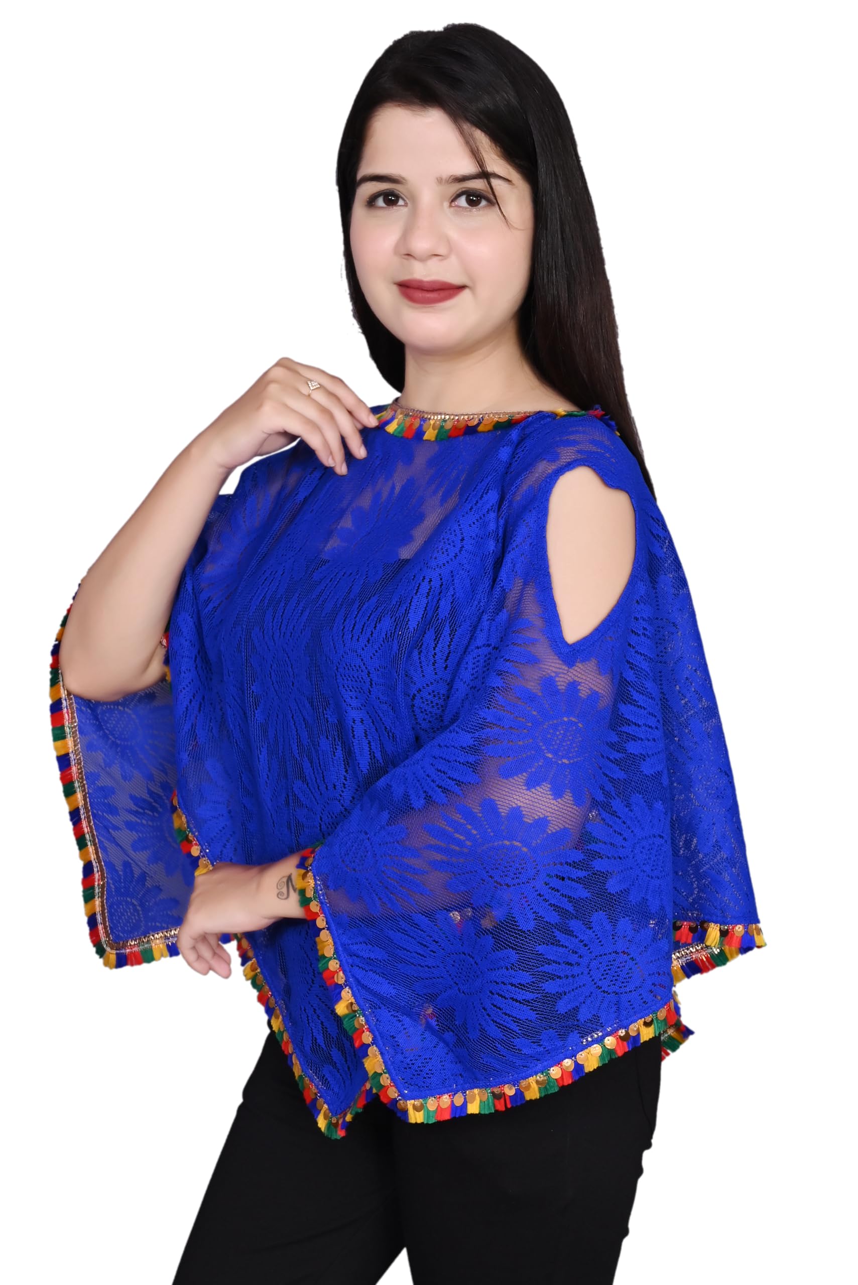 Women's Net Capes Shrugs Poncho Regular For Girls With New Stylist Heart Shape In Shoulder Multi Colour Lace Blue-image-24