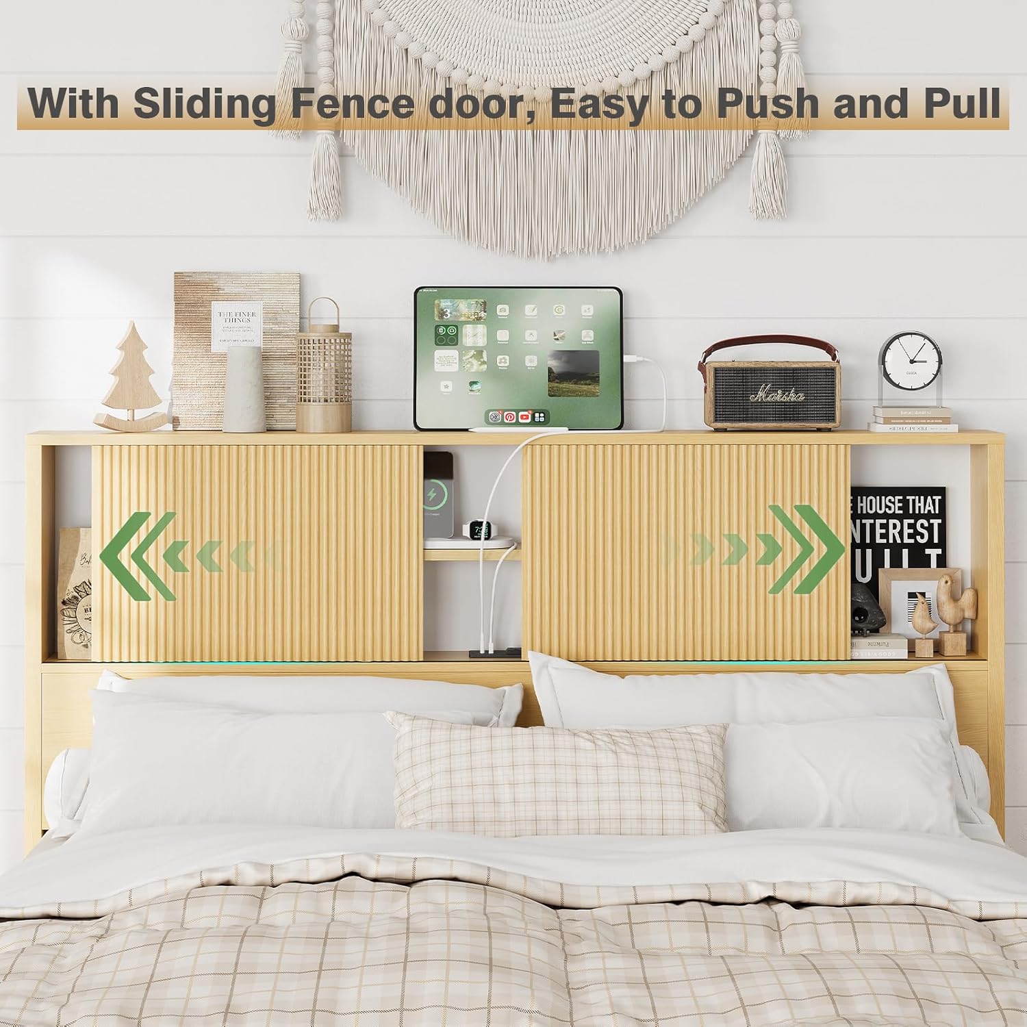 Queen Bed Frame with Bookcase Headboard and Storage, Modern Fluted Wood Bed Frame with Charging Station & 4 Underneath Drawers, No Box Spring Needed Noise Free