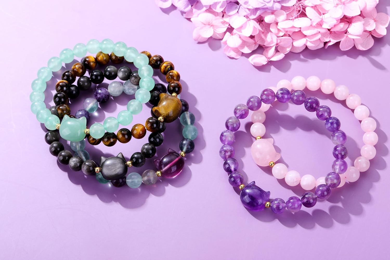 Jovivi Crystal Cat Bracelet for Women Men,8mm Natural Stone Beaded Bracelet Protection Healing Crystals Gemstones Stretch Bracelet Cat Jewelry Gifts for Good Luck,Money Attraction - Image 6