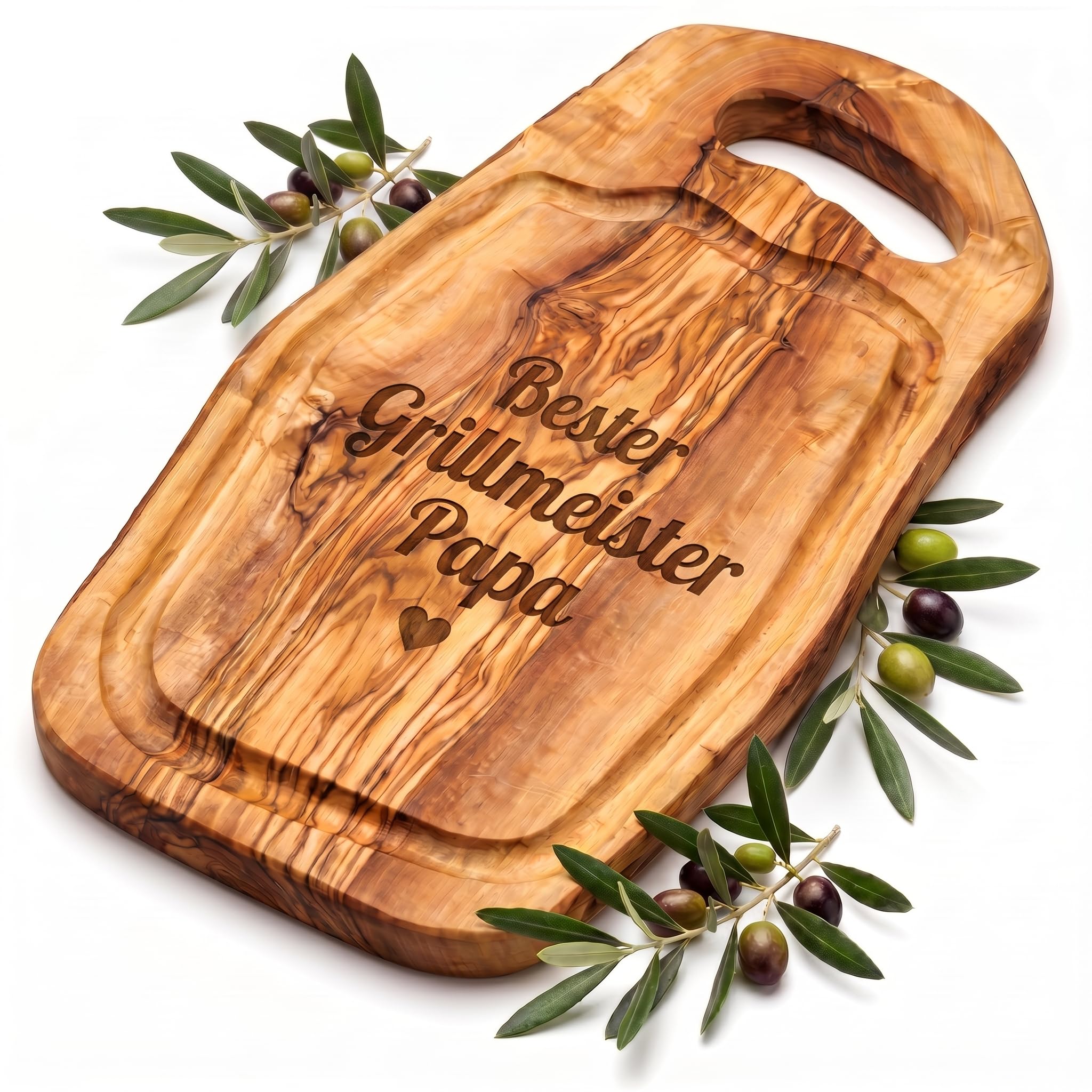 Olivenholz Steakbrett mit Saftrille - Personalisiertes Schneidebrett mit Grifflasche für Steak, Fleisch, Grill & BBQ (44-49 cm)