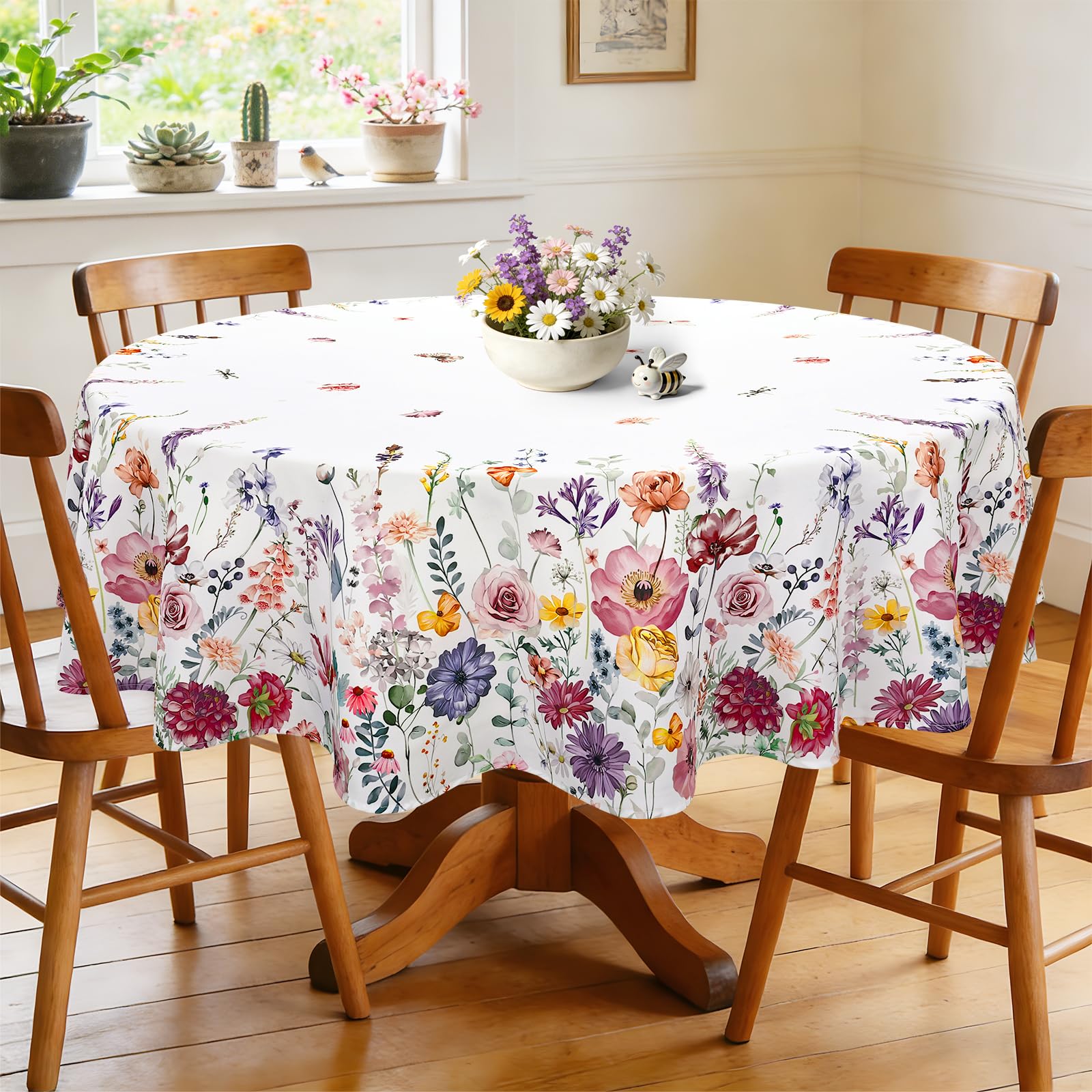 Arquiel Wildflowers Table Cloth Round Machine Washable Retro Tablecloth, 180 * 180 cm, Polyester Spring Summer Table Cover for Kitchen Dinner Party Outdoor Decor