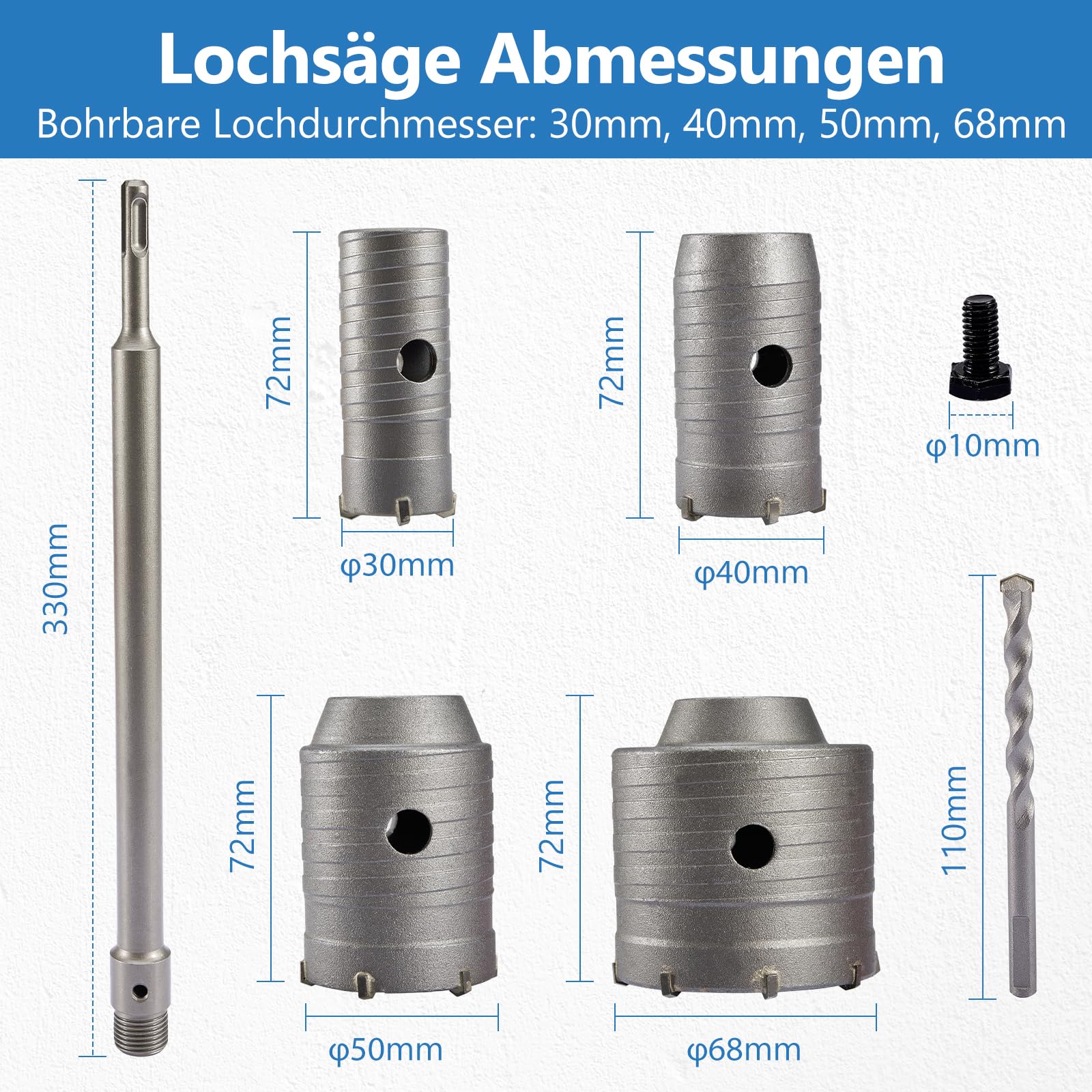 Trocken Beton Kernbohrer, Lochsäge 68mm 50mm 40mm 30mm, M22 Bohrkrone Steckdose mit 330mm Rundgriff SDS Plus Schaft, für Betonziegel, Zement, Steinwand
