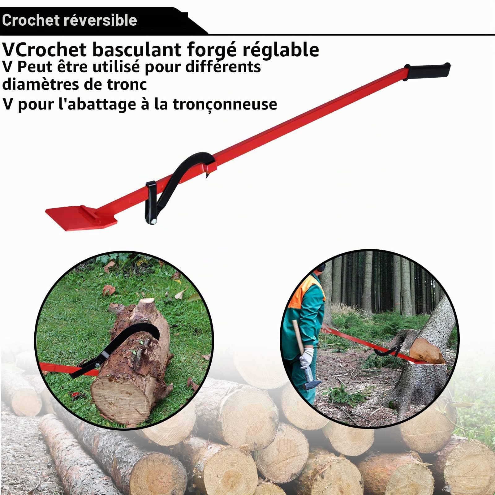 UISEBRT Lève-tronc professionnel 130 cm pour abattre les arbres, avec crochet réversible, aide à l'abattage jusqu'à 250 kg, aide à la rotation pour le travail du bois