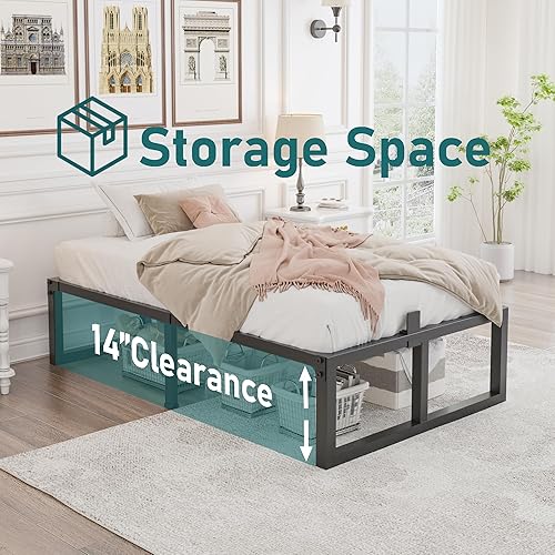 Miniatura 20 de Marco de cama de tamaño matrimonial, soporte resistente de 14 pulgadas, plataforma de metal de 3500 libras, no necesita somier, sin ruido,