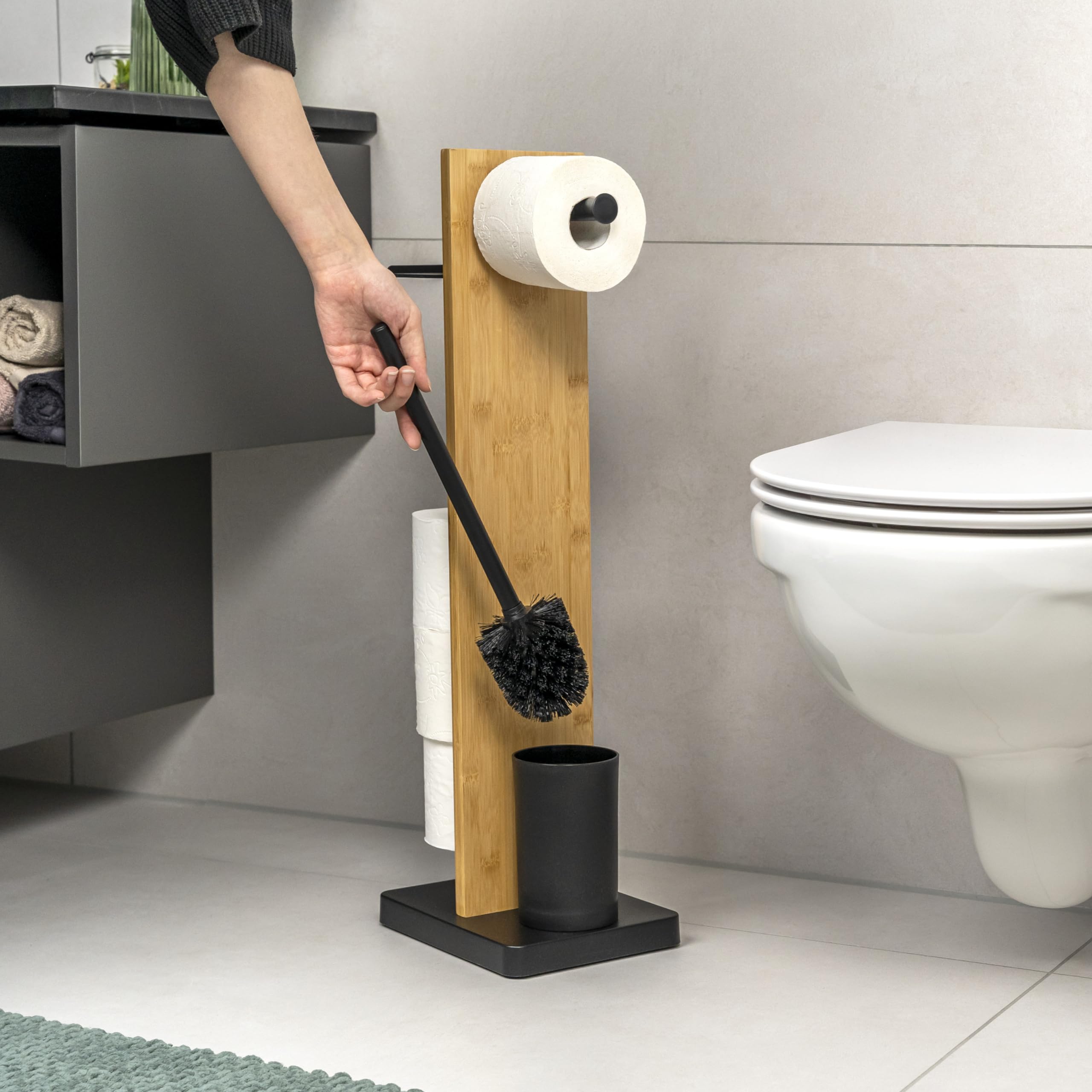 eluno Set per WC a pavimento 4 in 1, scopino per WC, porta rotolo, ripiano, bambù/metallo (nero)