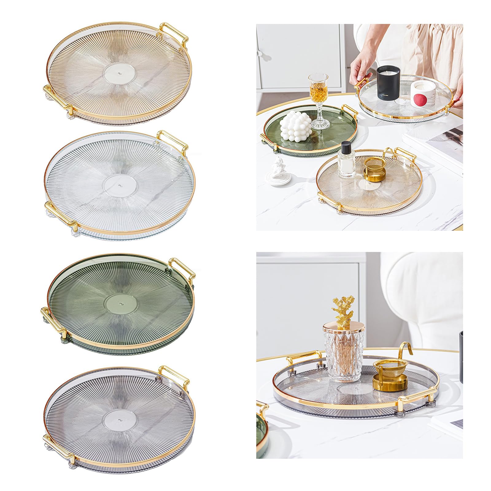 XISAOK Elegant Vanity Tray with Extended Handle for Makeup and Jewelry Round Drink Serving Plate Dining Room Decoration
