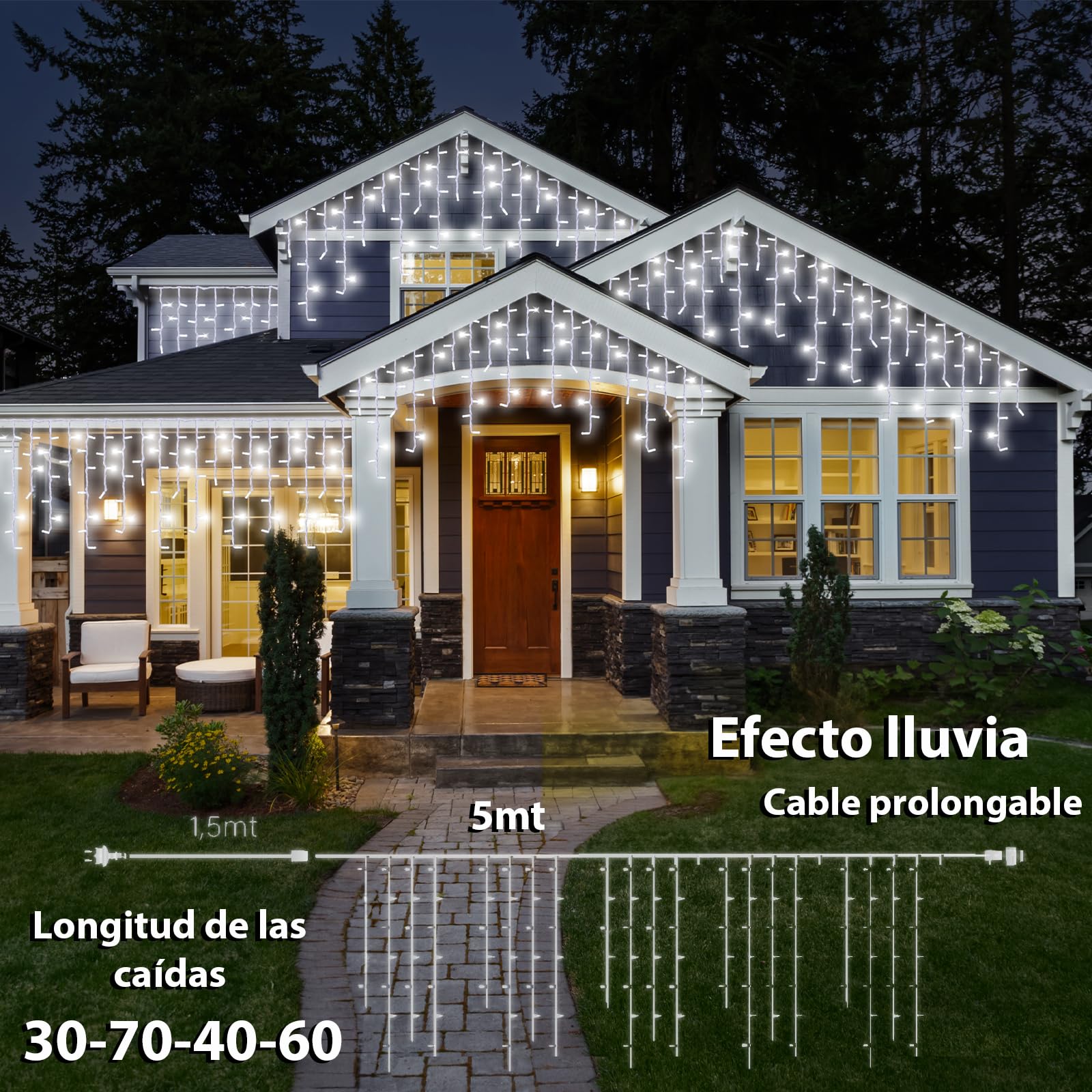 GINMA Cortina de Luces LED Efecto Lluvia – Luces de Navidad Exterior IP44, Impermeables y de Bajo Consumo, Guirnalda Luminosa Profesional Prolongable (Blanco Frio, 5m (200 LED))
