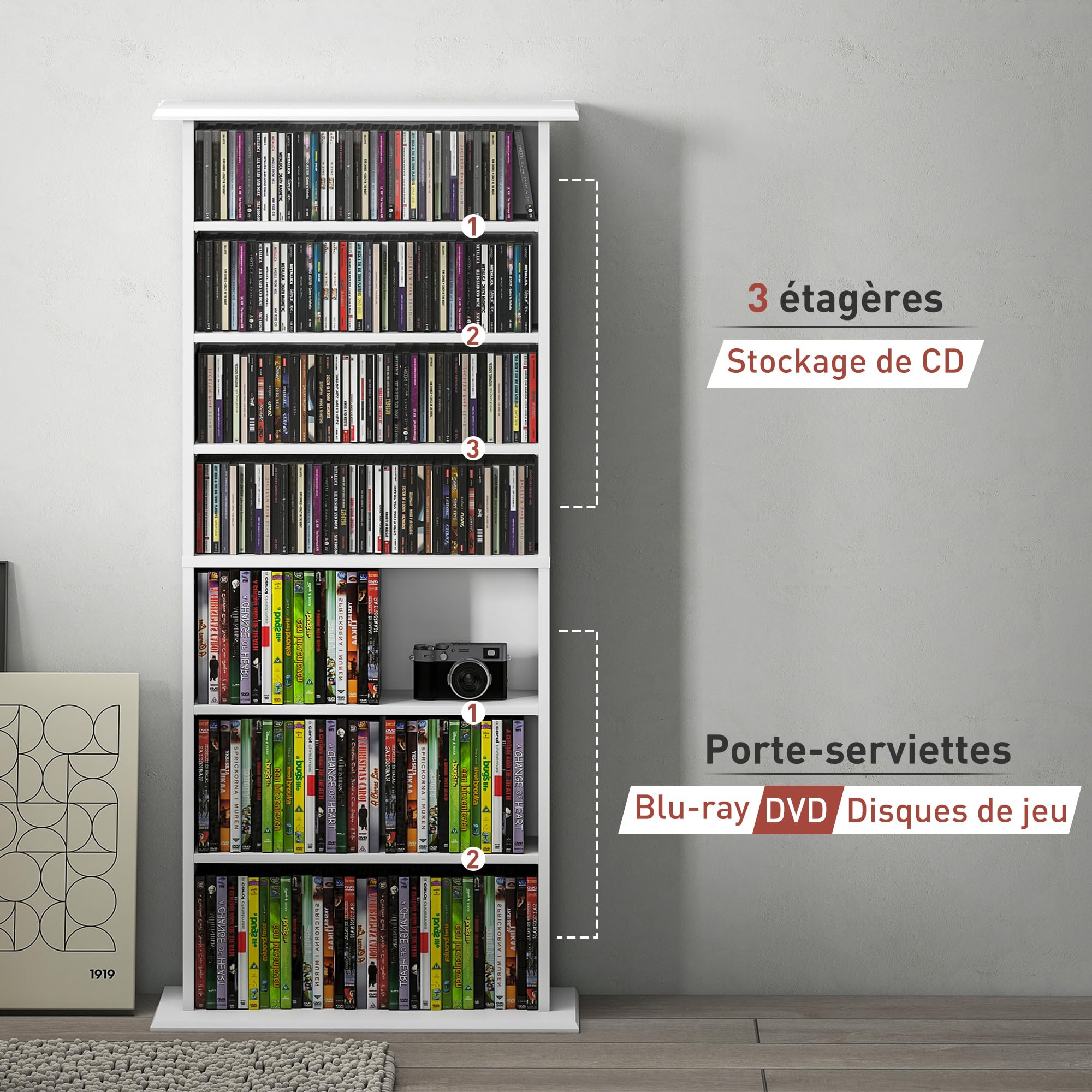 Almacén de CD y DVD HOMCOM, Unidad de Almacenamiento Multimedia con 8 Compartimentos y 6 estantes Ajustables, Capacidad máx. 360 CD/185 DVD y BLU-Ray, 58 x 24 x 124,5 cm, Blanco
