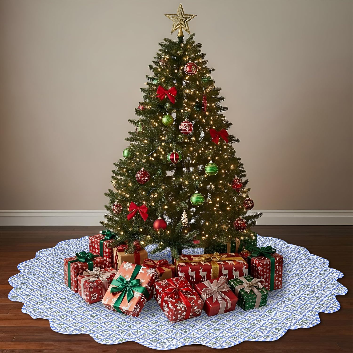 MiniInflat Christmas Tree Skirt Cotton Floral Block Tree Skirt in Nature Color for Home Xmas Party Seasonal Holiday Decoration Indoor Outdoor(36 Inch,Blue)