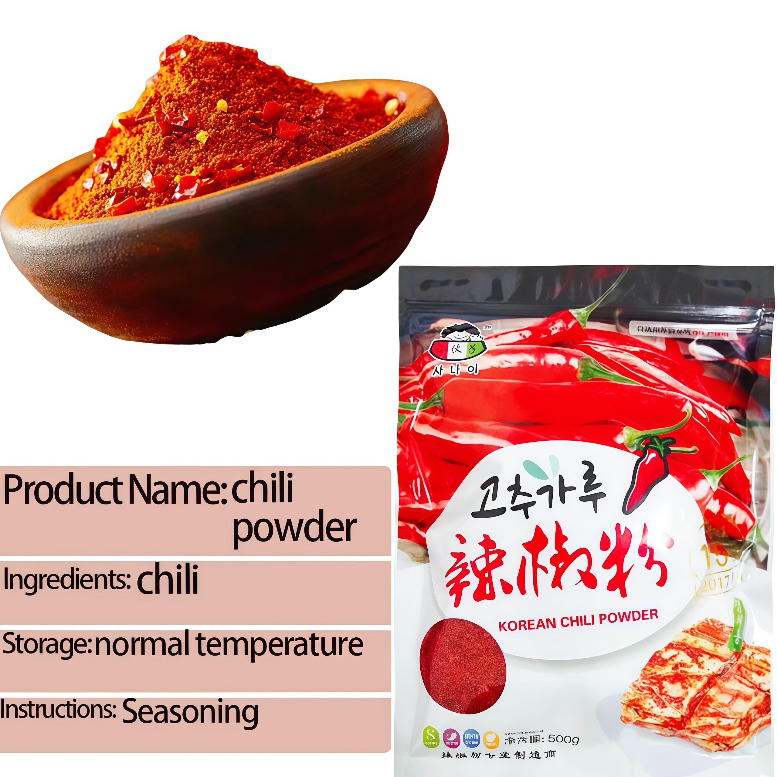 DAMAICHUHAI Chili Powder,Red Pepper Flakes,Spices and Seasonings,Korean Chili Powder, Moderately Spicy a nd More Delicious, Super Versatile Seasoning,500g/17 Oz. (coarse grains)