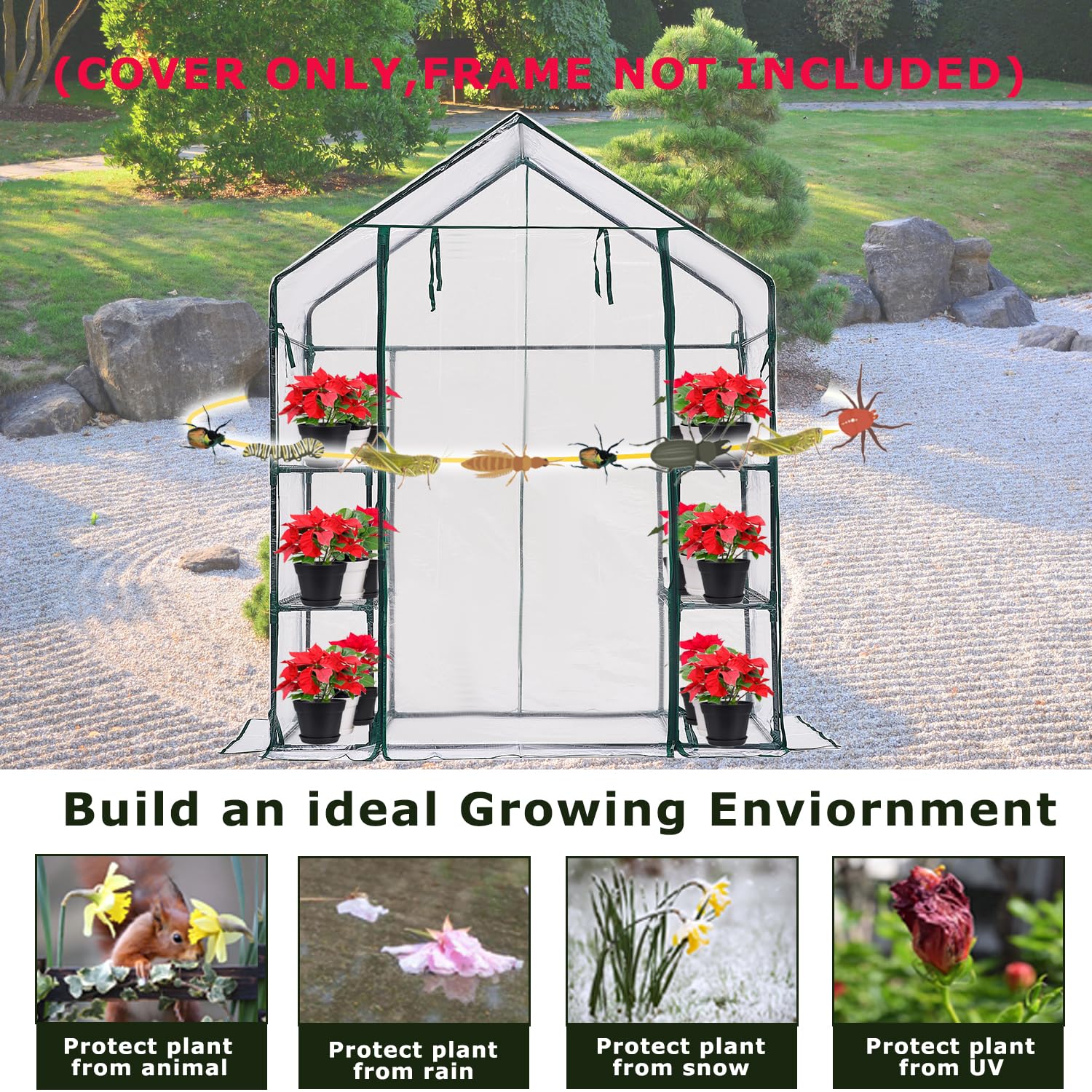Purlyu Cubierta de repuesto para invernadero con puerta enrollable con cremallera, 56 x 56 x 76 pulgadas, cubierta de invernadero de PVC para plantas al aire libre, jardinería, plantas, protección