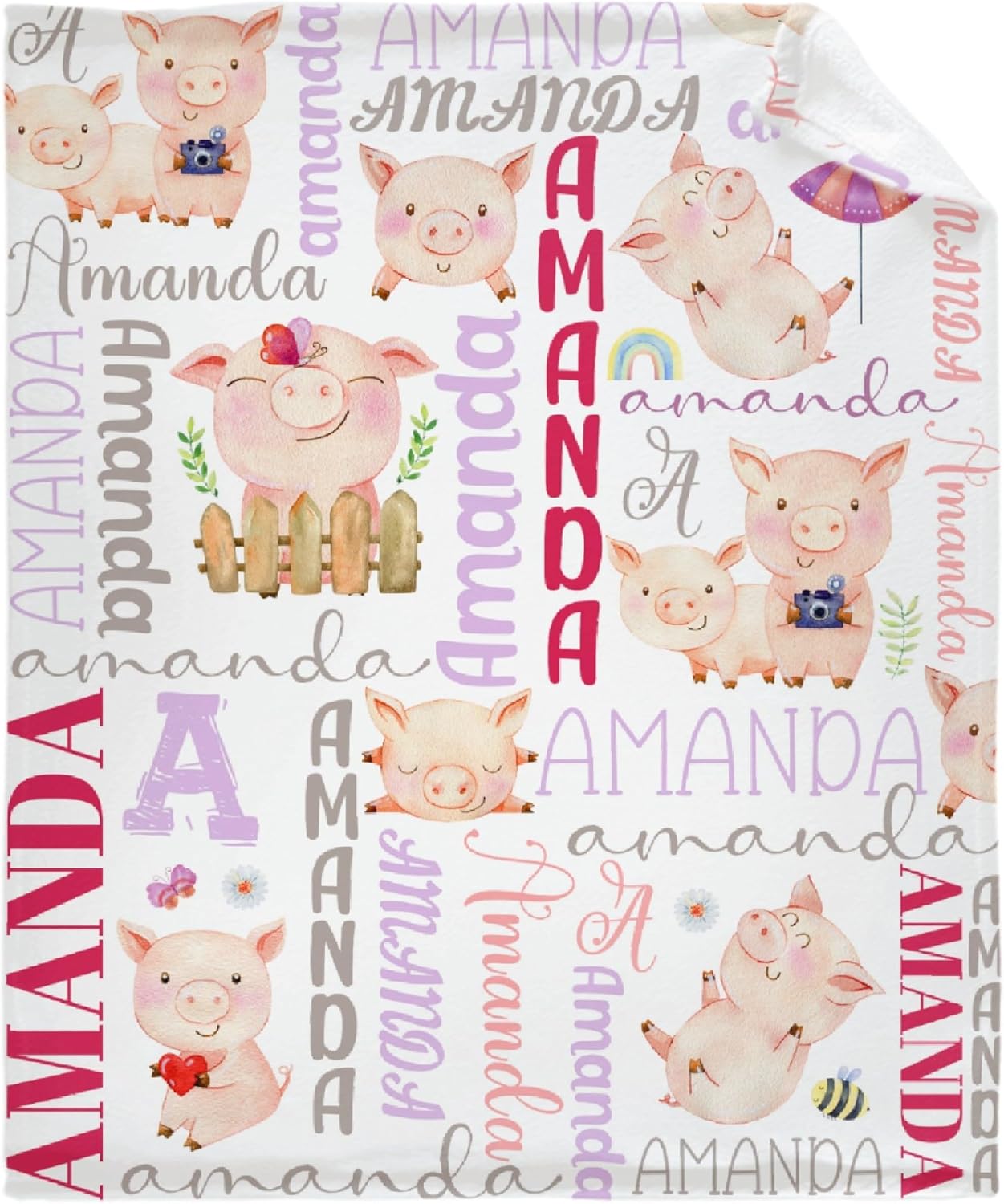 Custom Name Pig Blanket Personalized Gifts Super Soft Lightweight Flannel Blankets Throw for Kids, Adult, Suitable for Couch, Sofa, Bed, Camping, Travel All Seasons 50"x60" for Teen