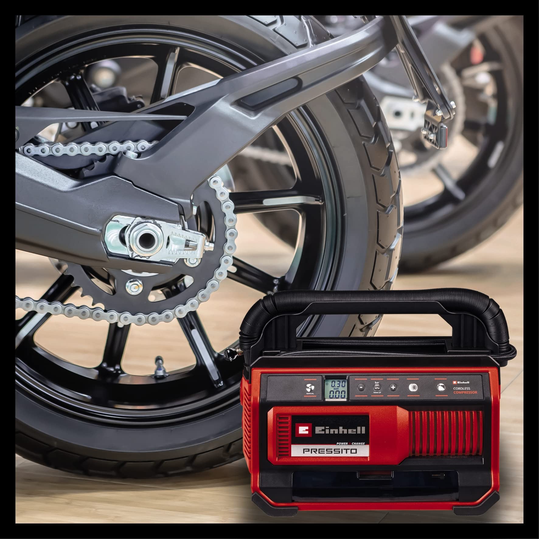 Einhell akumulatorowa sprężarka PRESSITO 18/25 Power X-Change (18 V, maks. 11 bar, w tym zestaw 3 szt. adapterów, wąż wysokociśnieniowy 71 cm i wąż niskociśnieniowy 1,6 m, bez akumulatora)