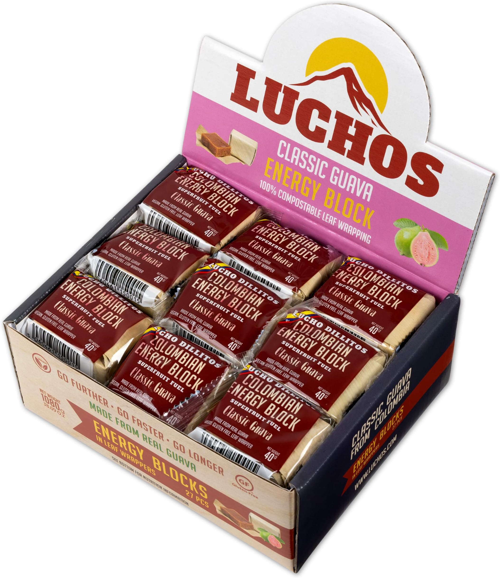 LUCHOS Natural Energy Bars - Original Guava, 27 Pack | High Carb Bars for Sports Endurance, Running, Cycling & Workouts | Vegan & Gluten Free | Natural Nutrition Bars With Compostable Wrappers