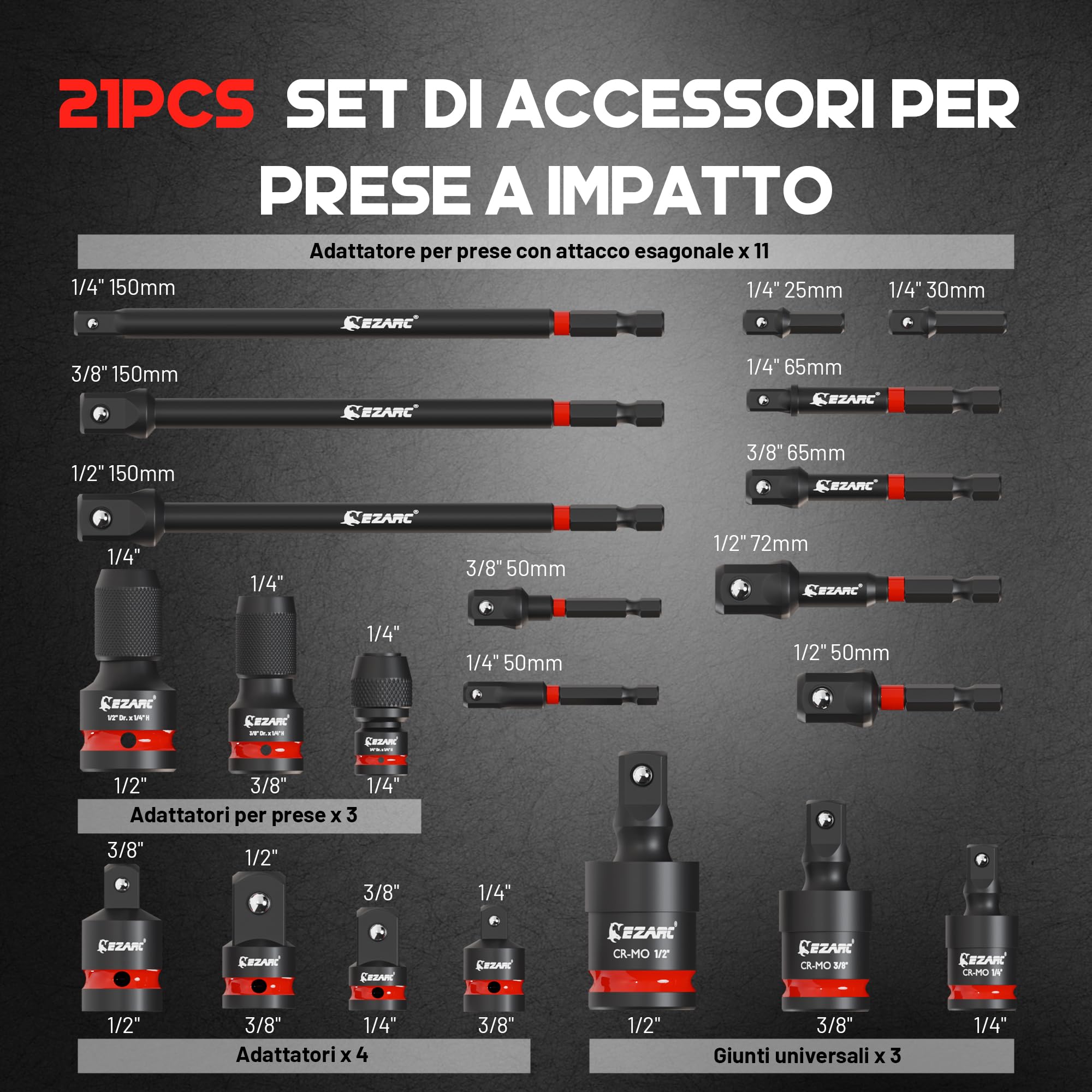 EZARC Set di 21 adattatori per bussole a percussione, include set di bussole girevoli universali CR-MO, accoppiatori a percussione CR-MO, riduttori CR-V, punte di estensione esagonali CR-V, chiavi a