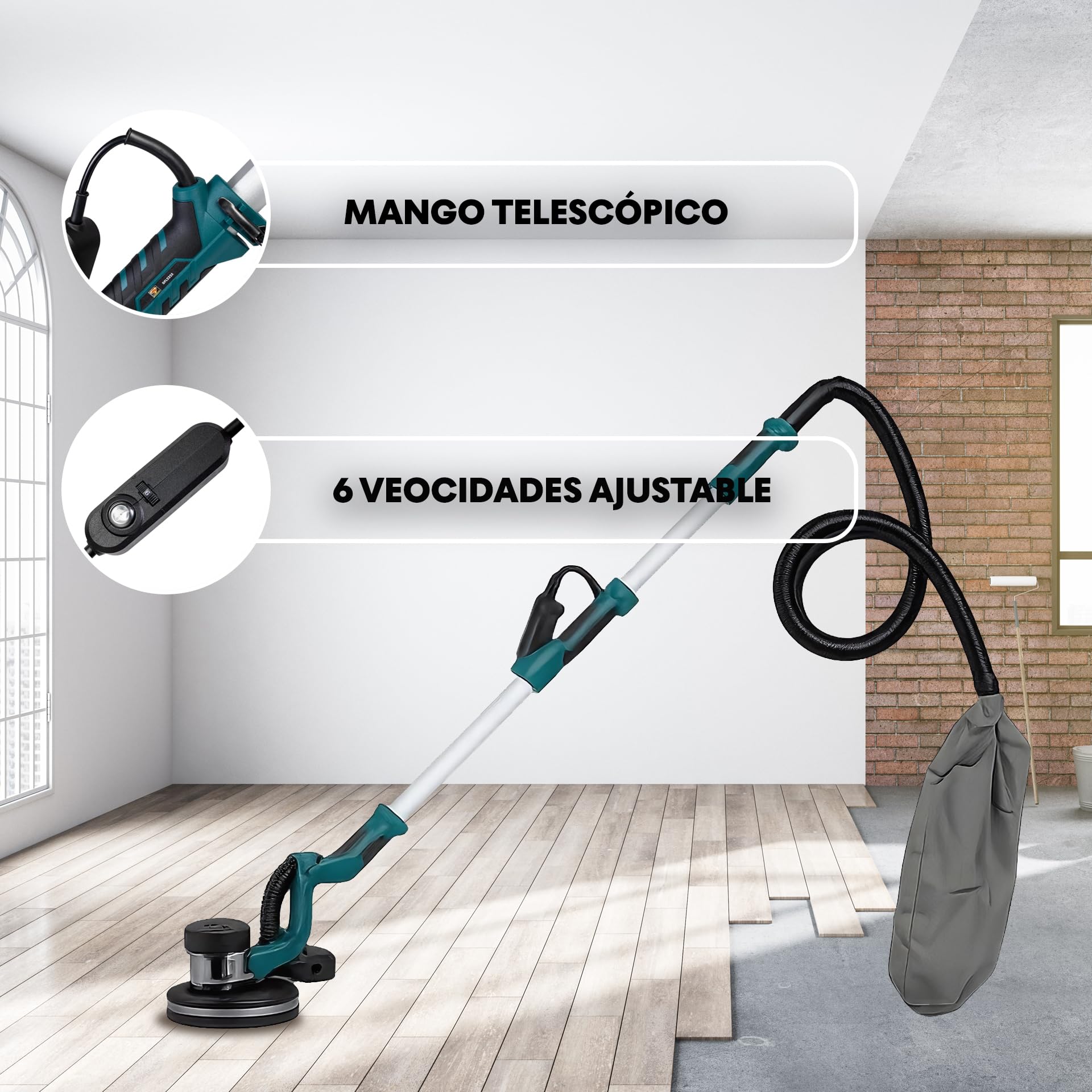 DÜSSELDORF | Lijadora Pared Telescópica, Plegable,Jirafa 1000-1920RPM, Diámetro del Disco, Motor Totalmente de Cobre, Velocidades Ajustables, Luz LED