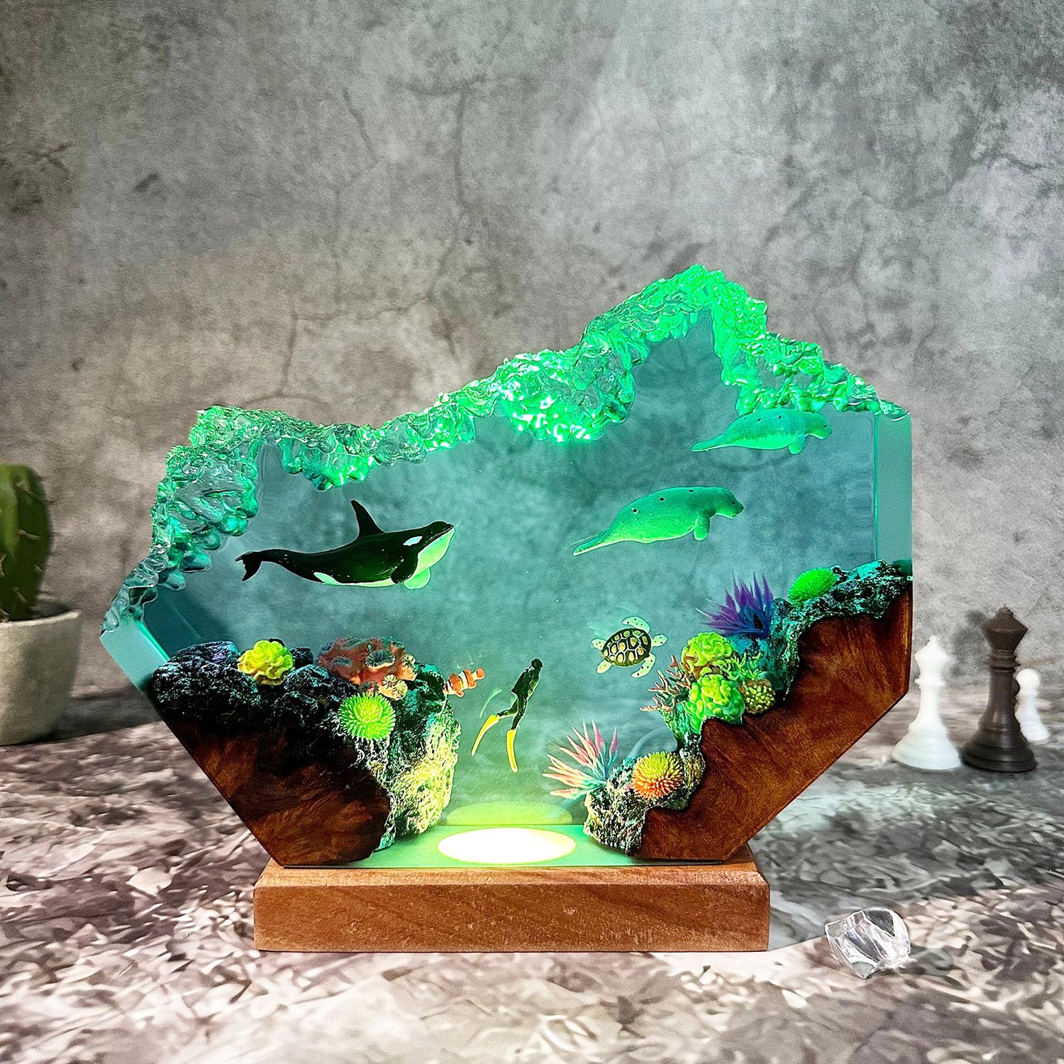 Lampy z żywicy, unikalna dekoracyjna lampka nocna oceaniczna z kolorową podstawą świetlną do domowego biura i sypialni, dekoracja biurka do nurkowania głębinowego, artystyczna ozdoba