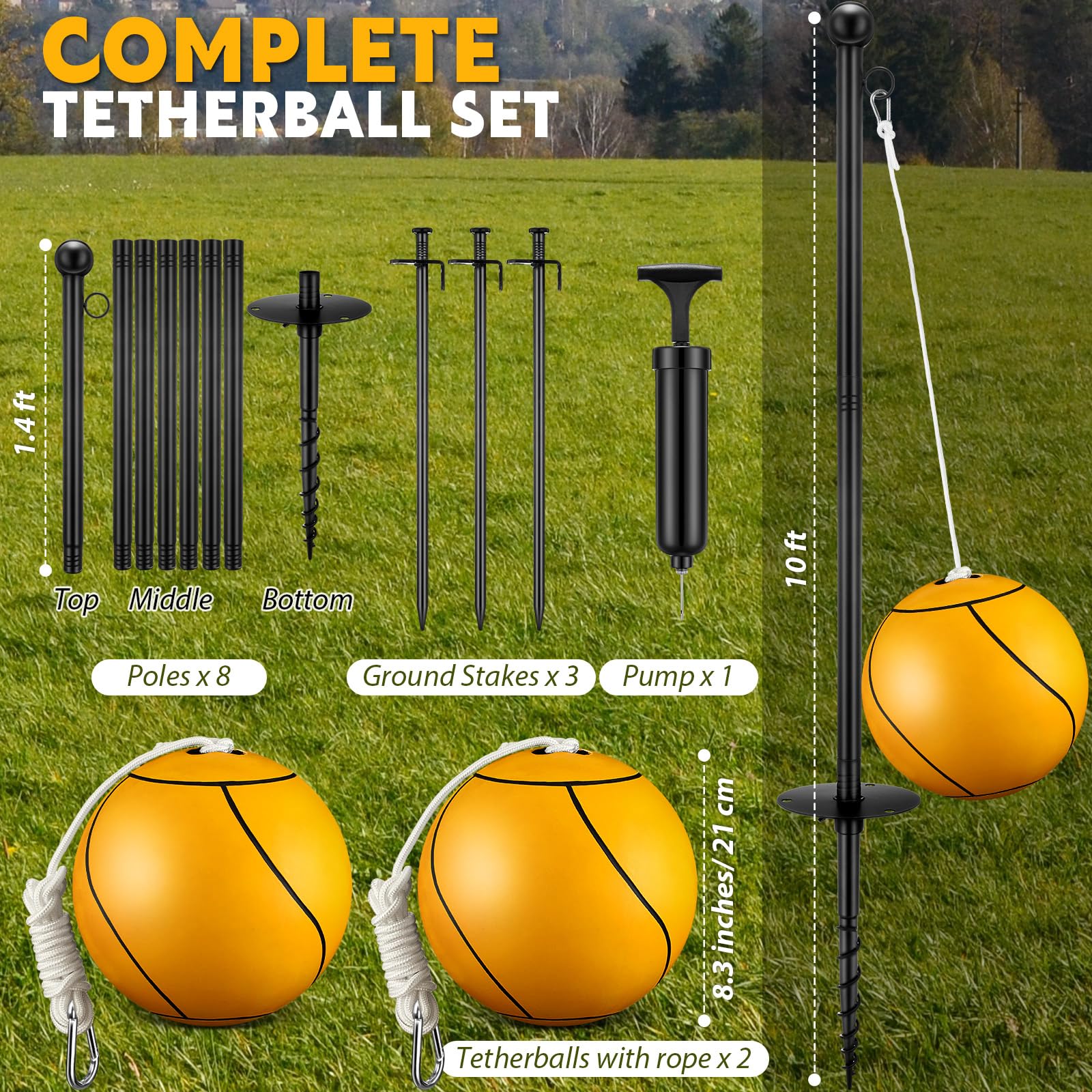 10 ft Tetherball Set with 2 Balls, Portable Replacement Tetherball Ball and Rope and Pole Tether Ball Equipment Adjustable Tether Ball Pole Game for Adult Dog Outdoor Backyard Beach(Yellow,Classic)